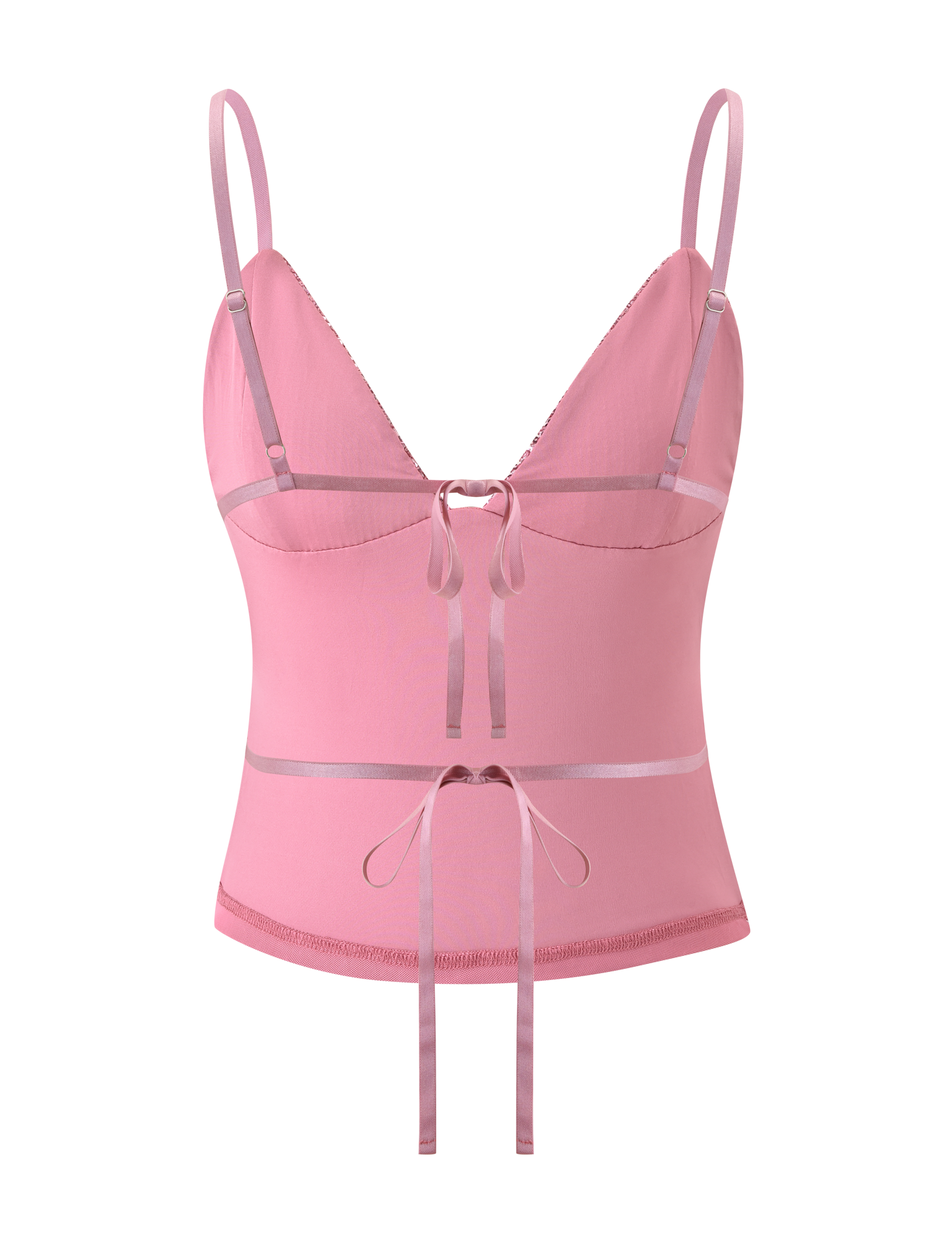 The SYLA TOP - ROSE by TIGERMIST features rose pink sequins, thin adjustable straps, a V-neckline with two ribbon bows on the front, semi-sheer fabric, and a fitted silhouette.