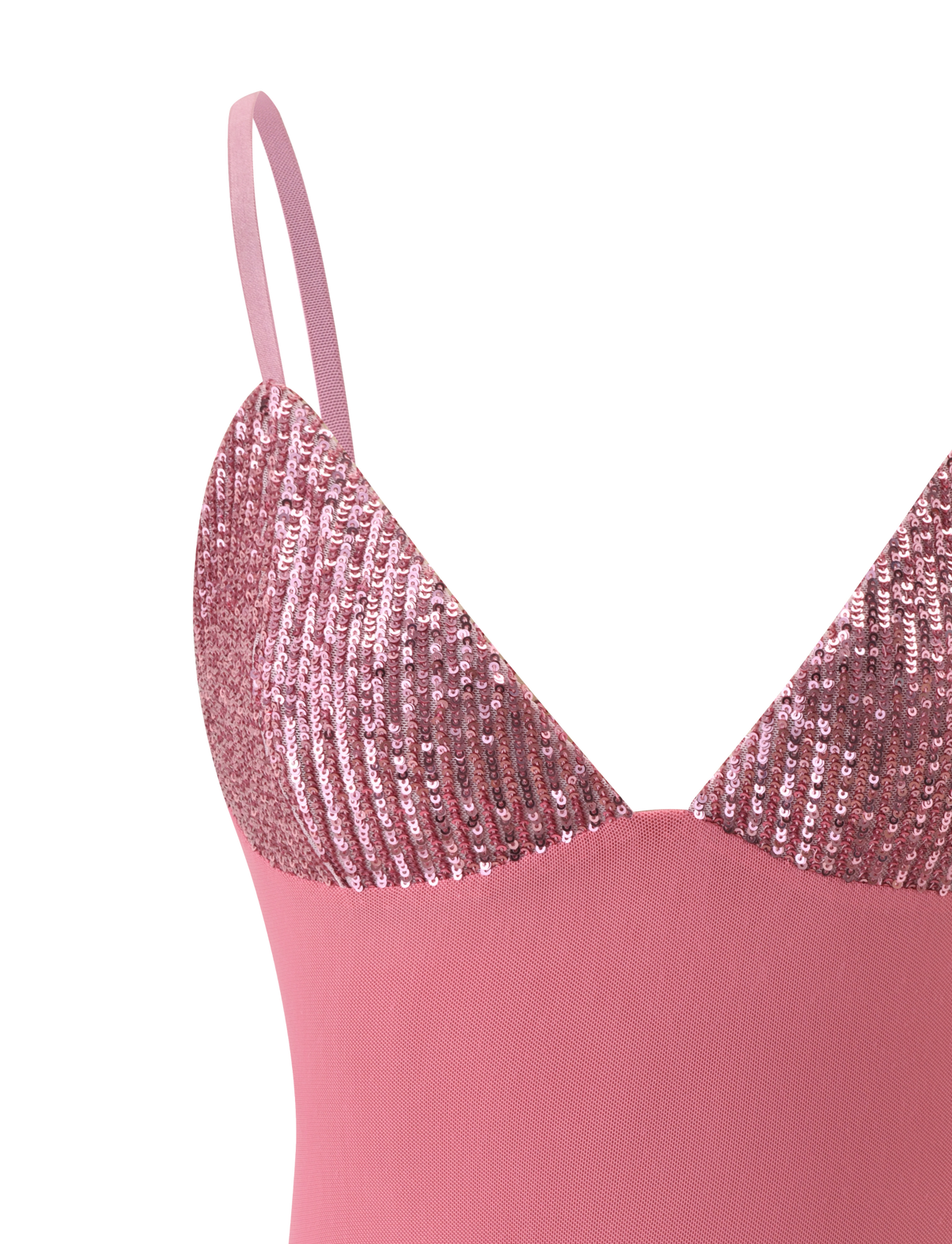 Close-up of the SYLA TOP - ROSE by TIGERMIST, featuring adjustable shoulder straps, shiny rose pink sequins on top, and a semi-sheer smooth lower section. Set against a plain white background.