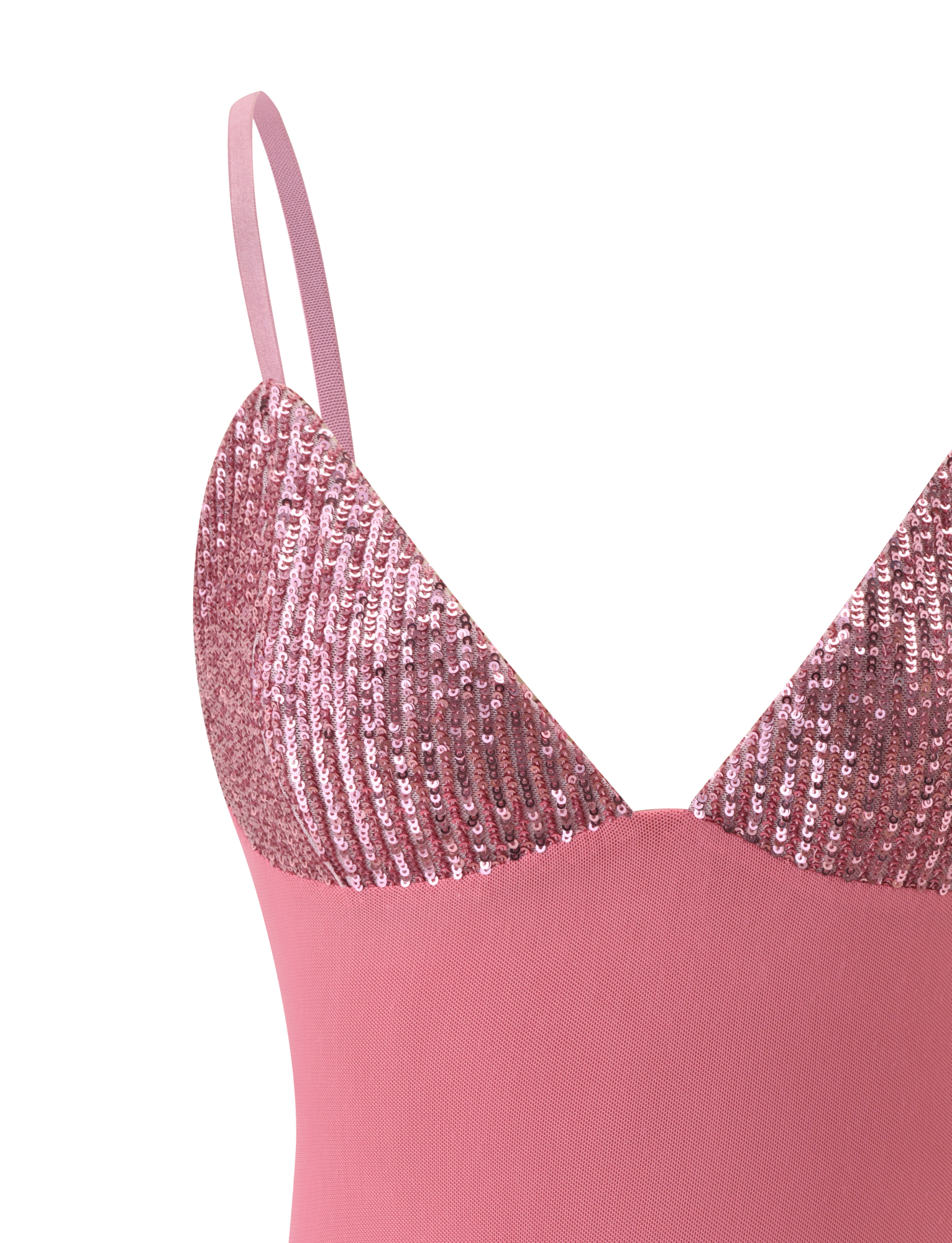 Close-up of the SYLA TOP - ROSE by TIGERMIST, featuring adjustable shoulder straps, shiny rose pink sequins on top, and a semi-sheer smooth lower section. Set against a plain white background.