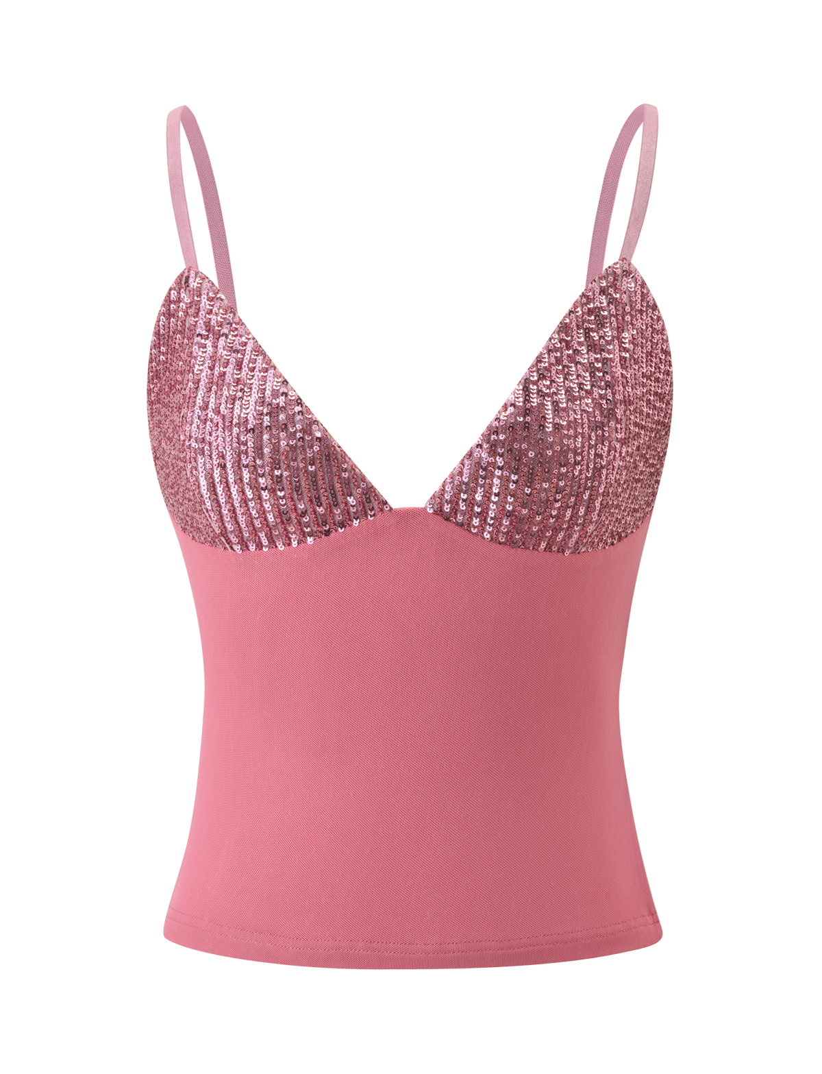 The SYLA TOP - ROSE by TIGERMIST is a rose pink sequin cami with a sparkly bodice, semi-sheer lower section, adjustable thin straps, and stretchy fabric for comfort and style.