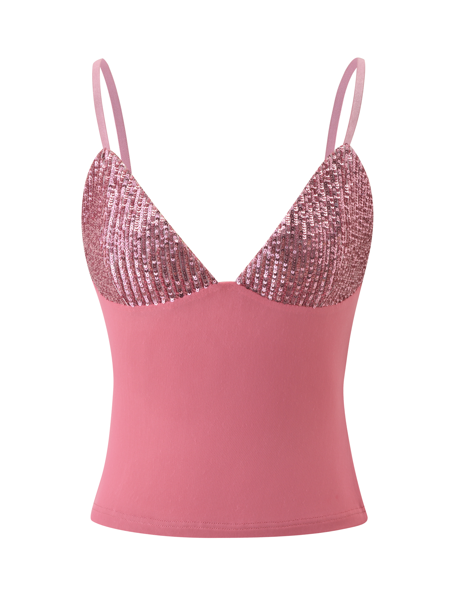 The SYLA TOP - ROSE by TIGERMIST is a rose pink sequin cami with a sparkly bodice, semi-sheer lower section, adjustable thin straps, and stretchy fabric for comfort and style.