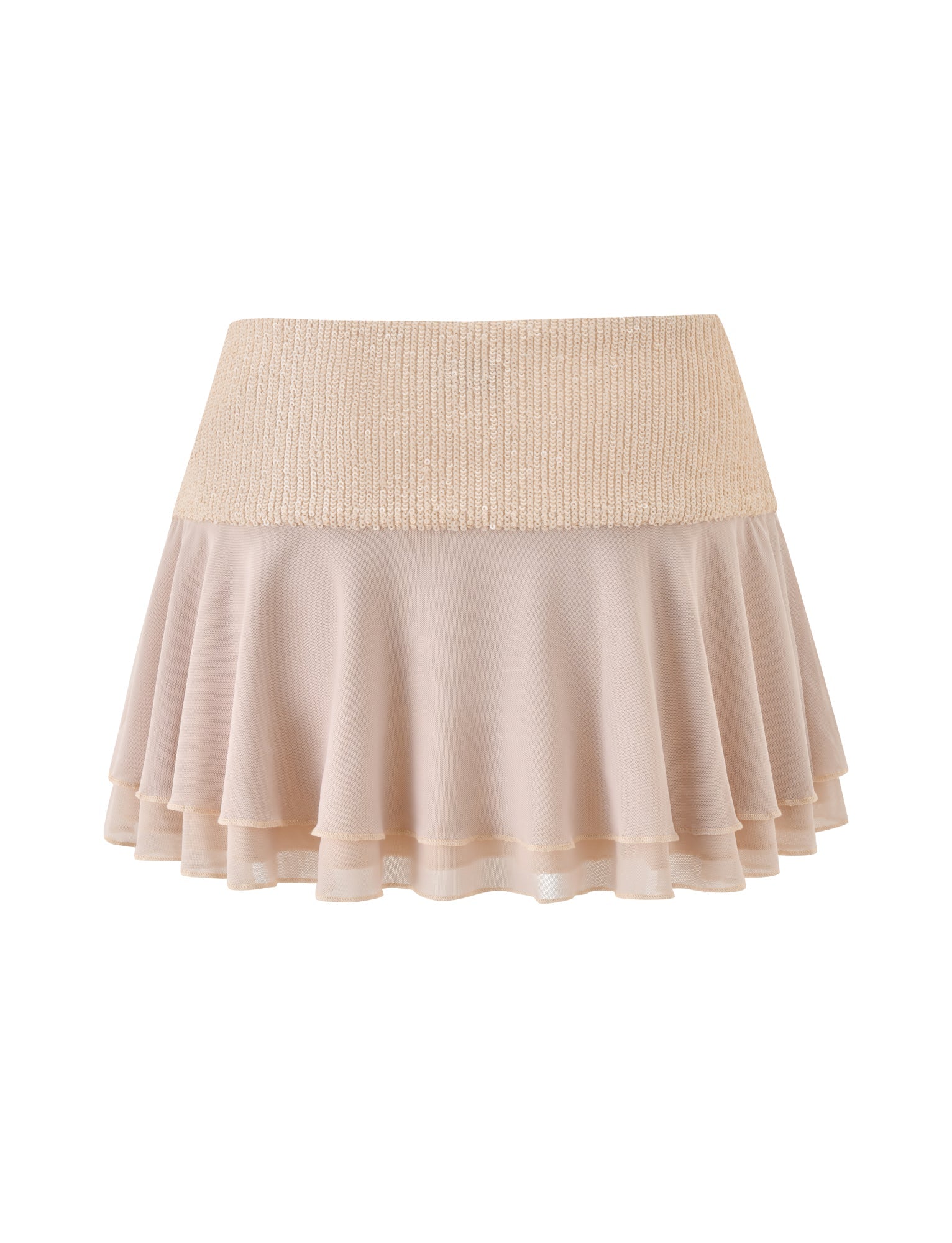 SYLA MINI SKIRT - OAT by TIGERMIST: A light beige oat cream chiffon mini skirt featuring a wide, textured elastic waistband and a flowy, tiered flounce ruffled hem, shown against a white background.