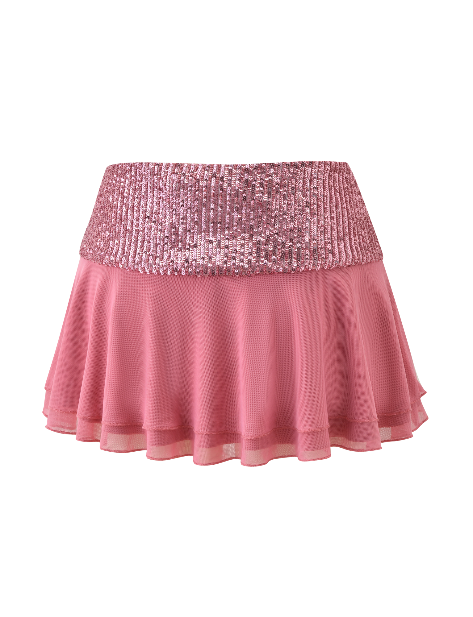 The SYLA MINI SKIRT - ROSE by TIGERMIST is a rose pink mini skirt with a sparkly sequined waistband and a flowy, tiered chiffon body, shown on a plain white background.