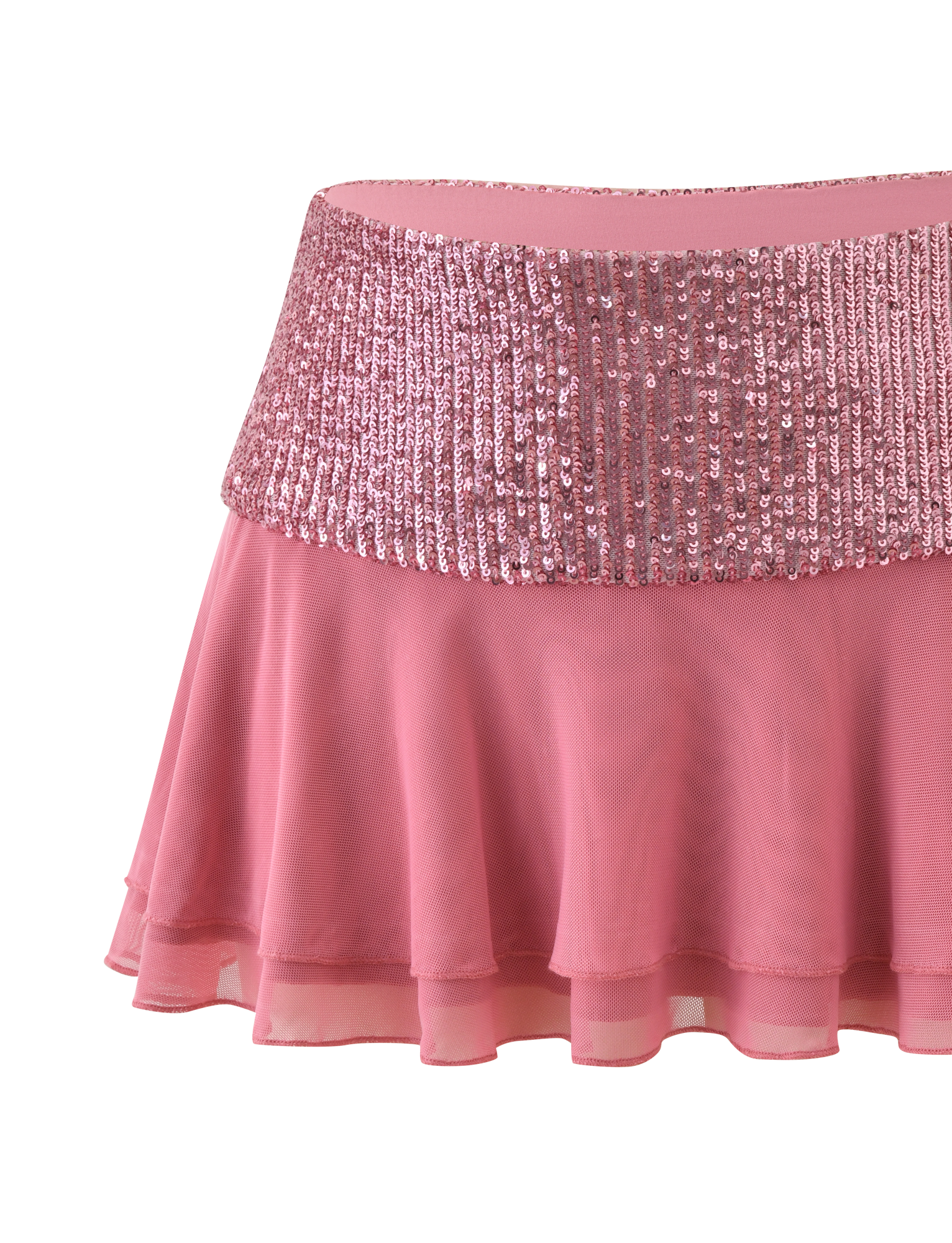 The SYLA MINI SKIRT - ROSE by TIGERMIST is a rose pink mini skirt with a wide waistband, flared sheer bottom, sparkling sequins, and tiered flounce design, shown against a white background.