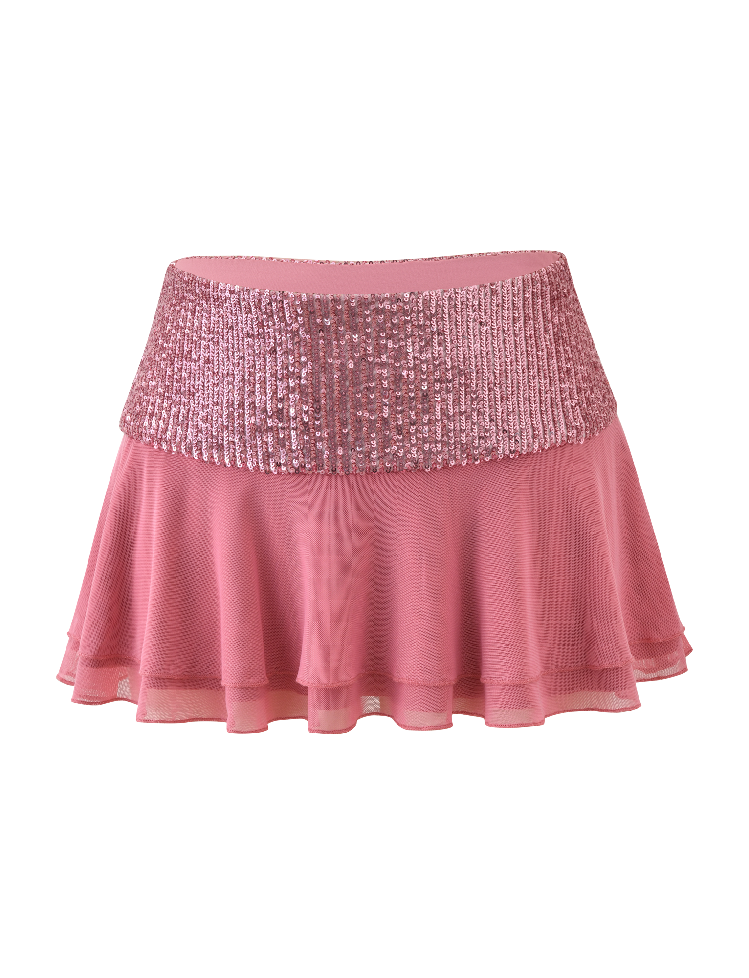 The SYLA MINI SKIRT - ROSE by TIGERMIST features rose pink sequins, a glittery beaded waistband, and a flowy layered chiffon hem, displayed against a white background.