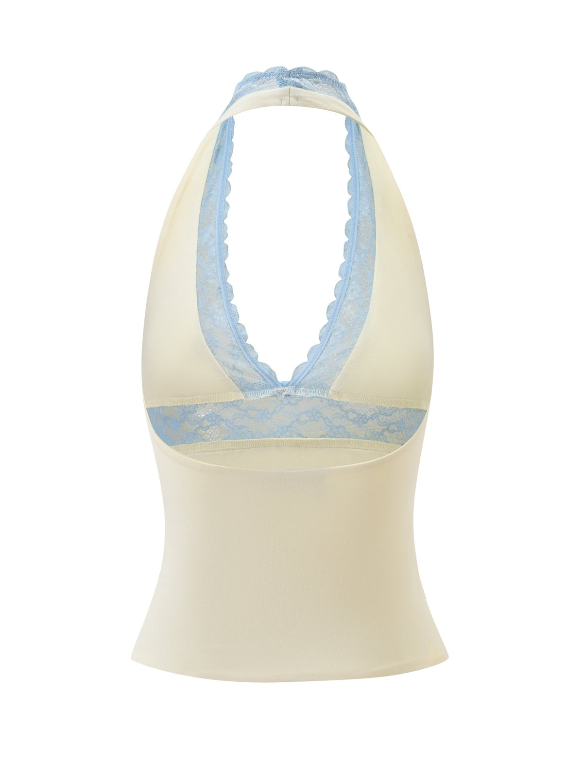 The CALINA PLUNGE LACE TOP in cream by TIGERMIST features a deep V-neckline with blue lace trim, scalloped edges, a fitted waist, soft stretchy fabric, and an elegant open back.