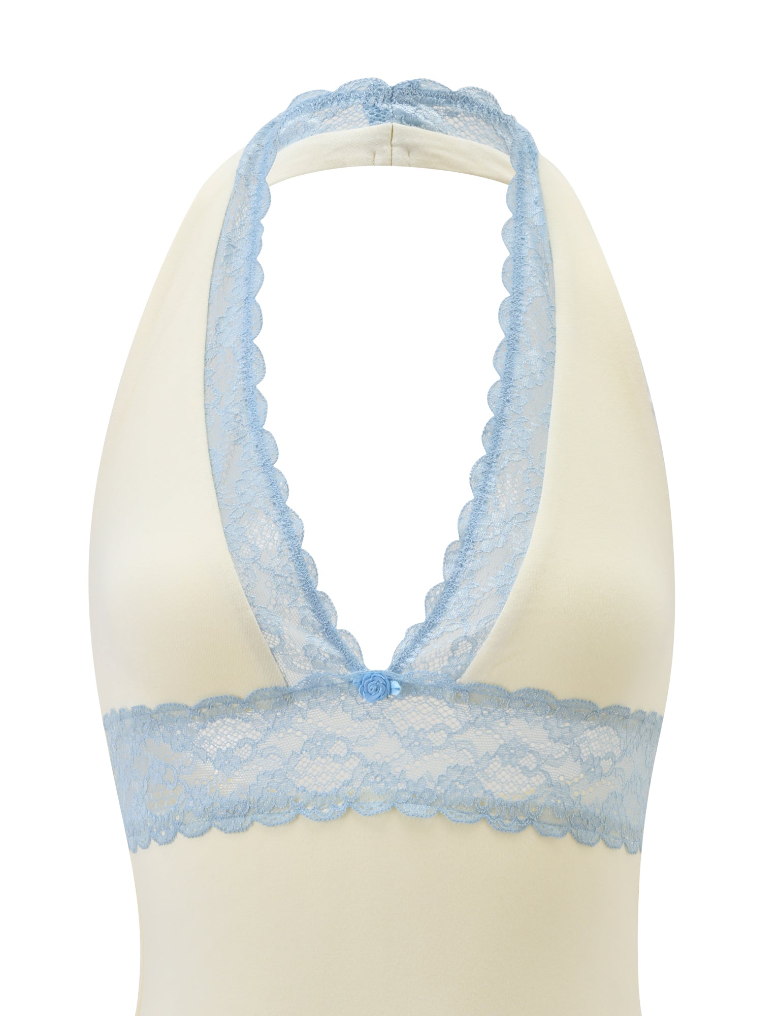 The CALINA PLUNGE LACE TOP by TIGERMIST is a cream halter neck top with a deep V-neckline, blue lace trim on the neck, band, and underbust, plus an open back, shown on a mannequin torso.