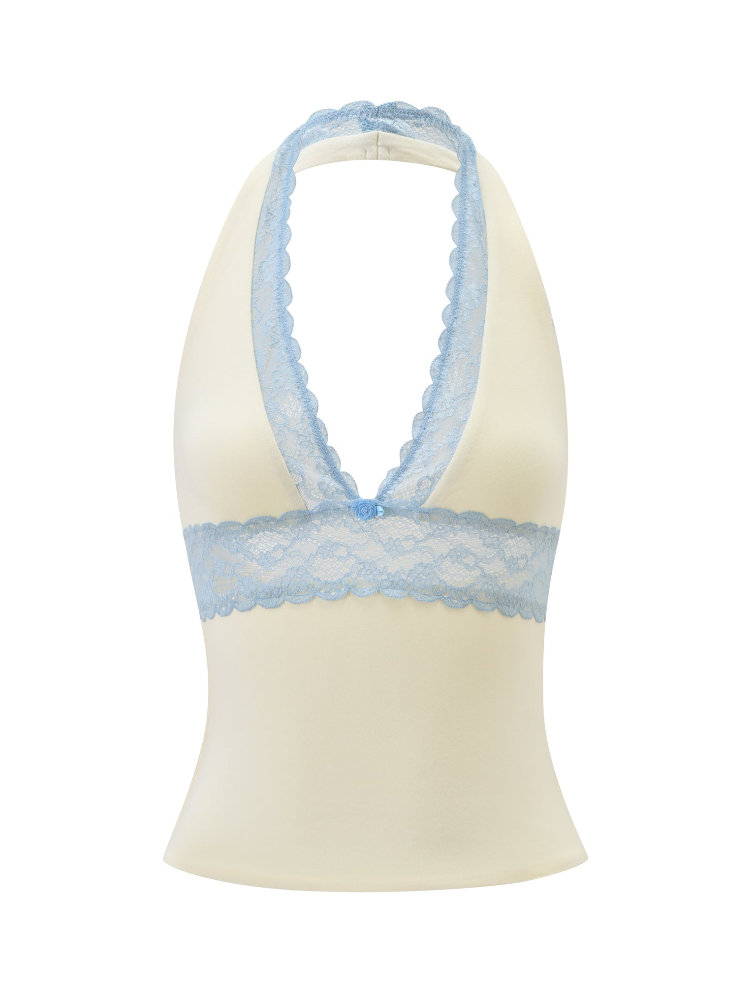 The CALINA PLUNGE LACE TOP by TIGERMIST is a cream halter neck top with a deep V-neckline, open back, light blue lace trim on the neckline and underbust, and a fitted, slightly flared silhouette.