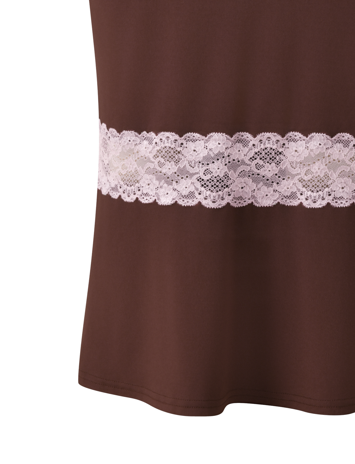 CALINA LACE PANEL MIDI SKIRT - CHOCOLATE: a chocolate brown midi skirt with a horizontal band of light pink floral lace in a mermaid silhouette.