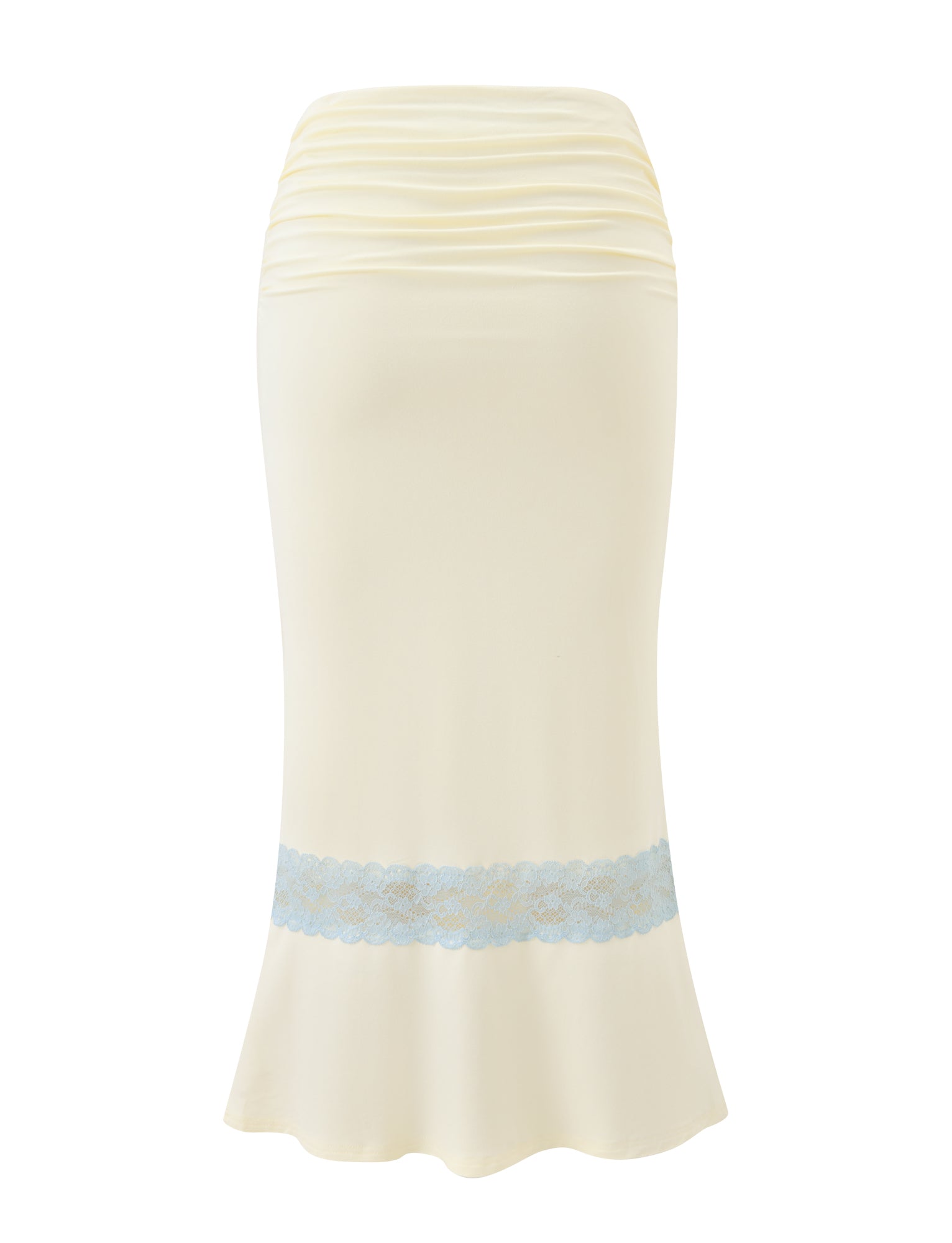 The CALINA LACE PANEL MIDI SKIRT in cream by TIGERMIST features elegant white and blue lace with a stylish ruched waist, making it a chic addition to any outfit.