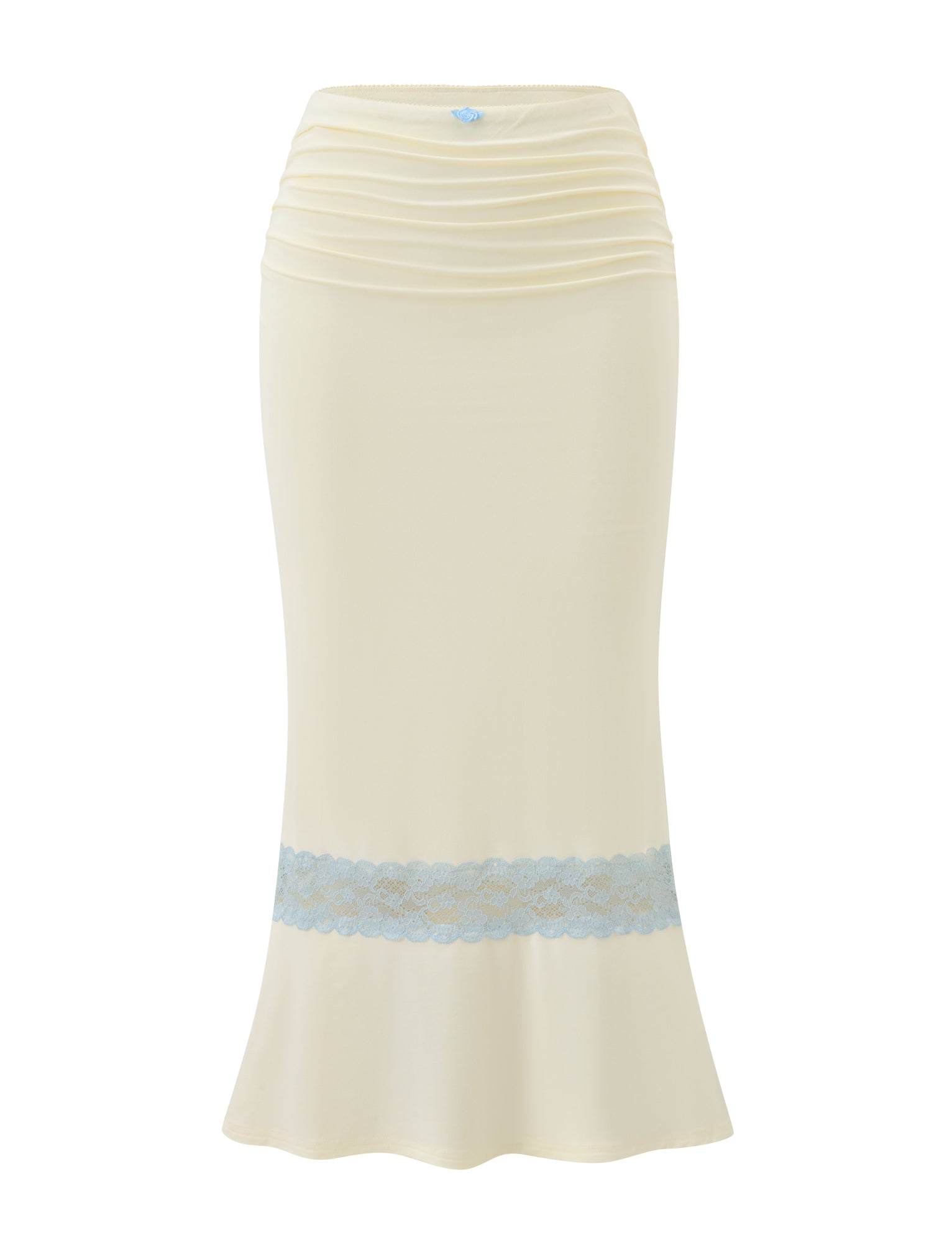 The CALINA LACE PANEL MIDI SKIRT by TIGERMIST in cream features a ruched waist and a light blue lace band near the hem, bringing a delicate detail to its knee-length silhouette.