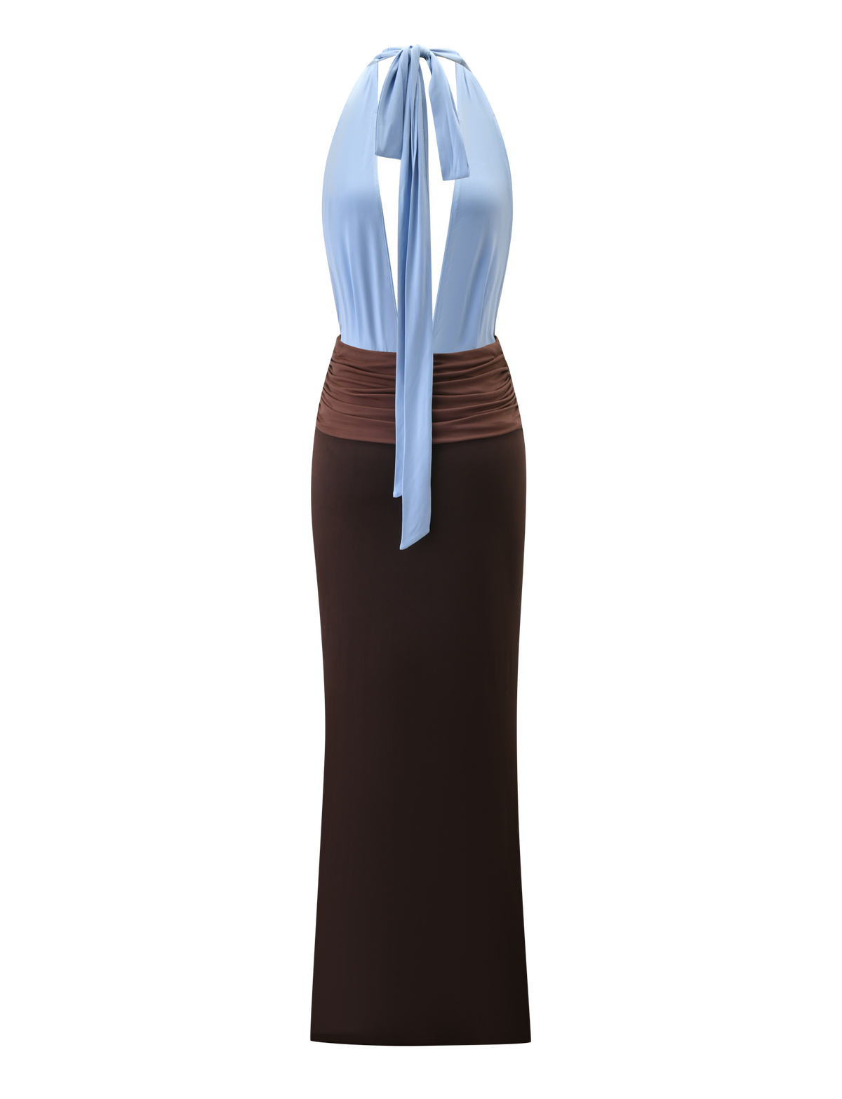 The JENNI PLUNGE MAXI DRESS by TIGERMIST features a colour-block design with a sleeveless light blue halter top tied at the neck, a ruched brown waistband, and a long, fitted dark brown skirt, shown against a white background.