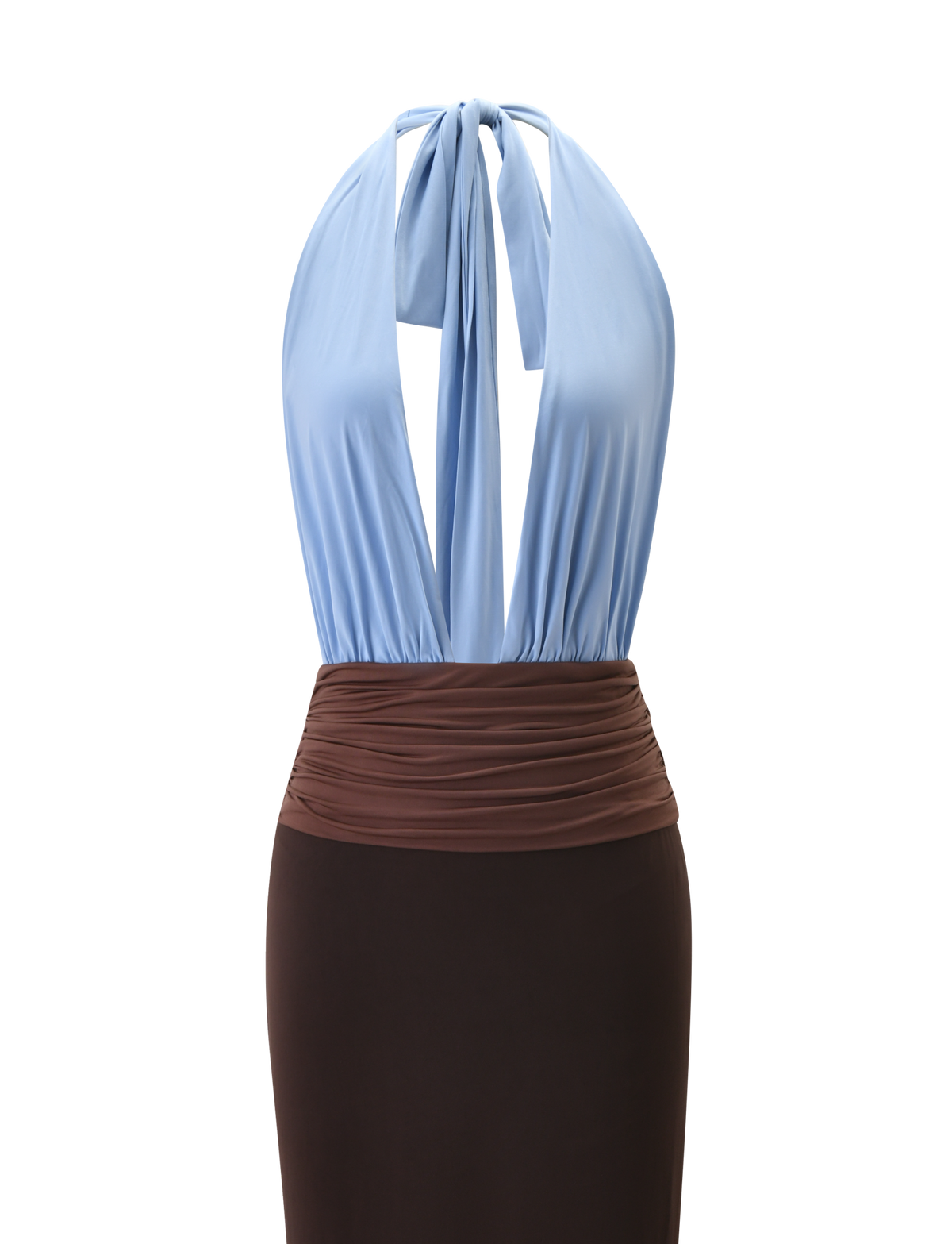 The JENNI PLUNGE MAXI DRESS by TIGERMIST features a sleeveless, colour-blocked silhouette with a light blue halter-style top, front tie detail, and open neckline, paired with a fitted dark brown skirt and a ruched brown waistband.