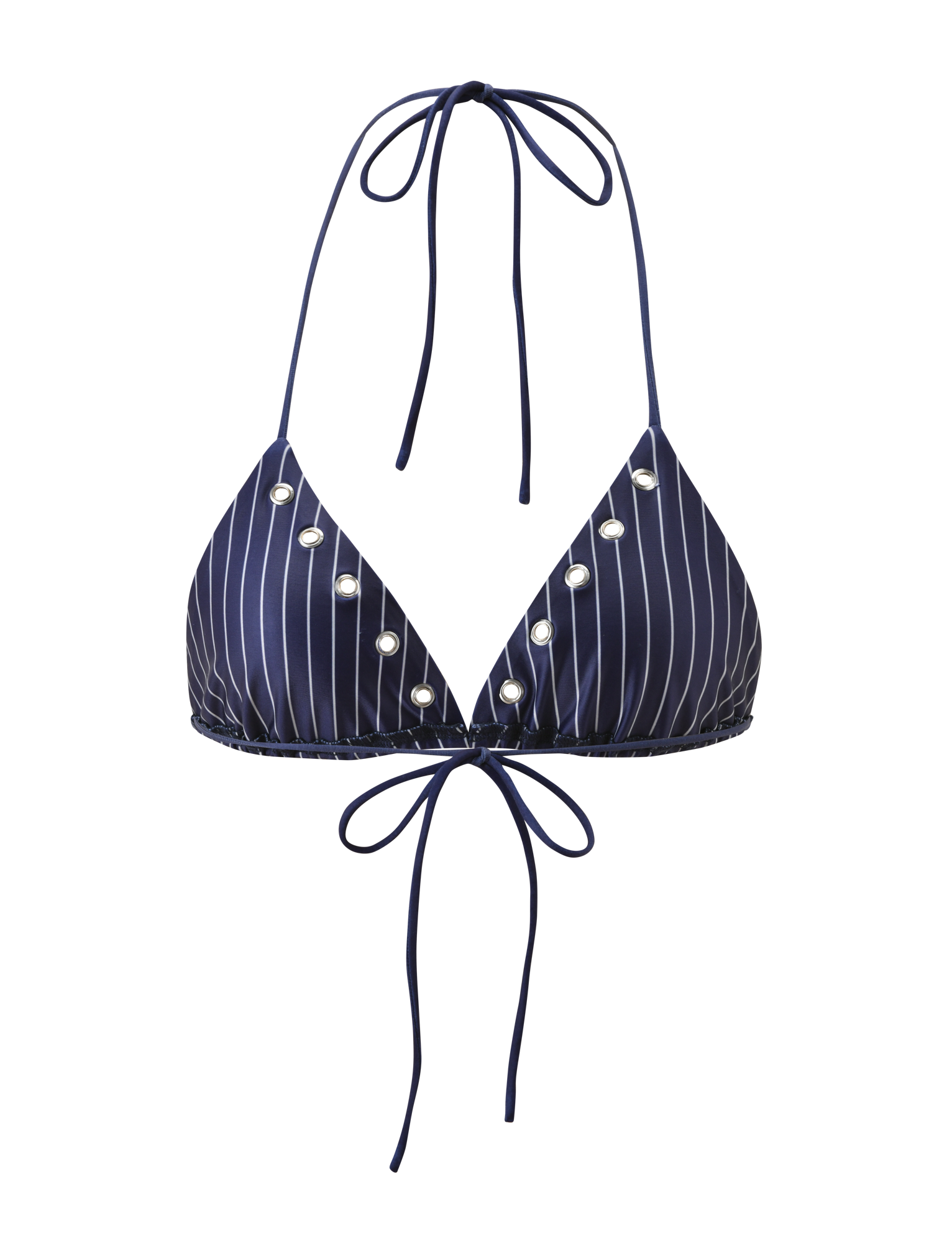 The MARREN BIKINI TOP - NAVY PINSTRIPE by TIGERMIST features navy blue and white pinstripes, triangle cups, silver button accents, and slender adjustable halter ties at the neck and back.
