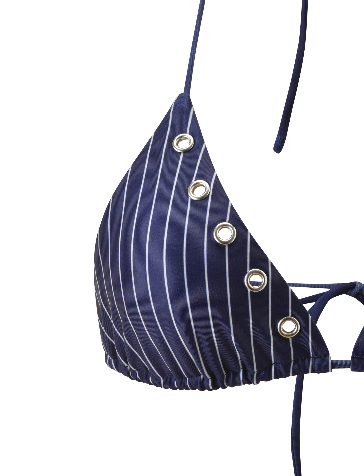 The TIGERMIST MARREN BIKINI TOP - NAVY PINSTRIPE features white vertical stripes, silver eyelet details, adjustable straps, and a ruched bottom band for a classic pinstripe look.