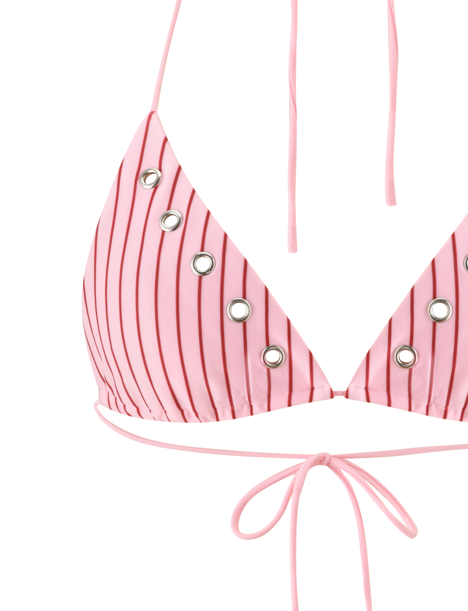 The MARREN BIKINI TOP - PINK STRIPE by TIGERMIST features thin black pinstripes, silver grommets, and adjustable string ties at the neck and front—a stylish exclusive print swimwear piece designed for the perfect fit.