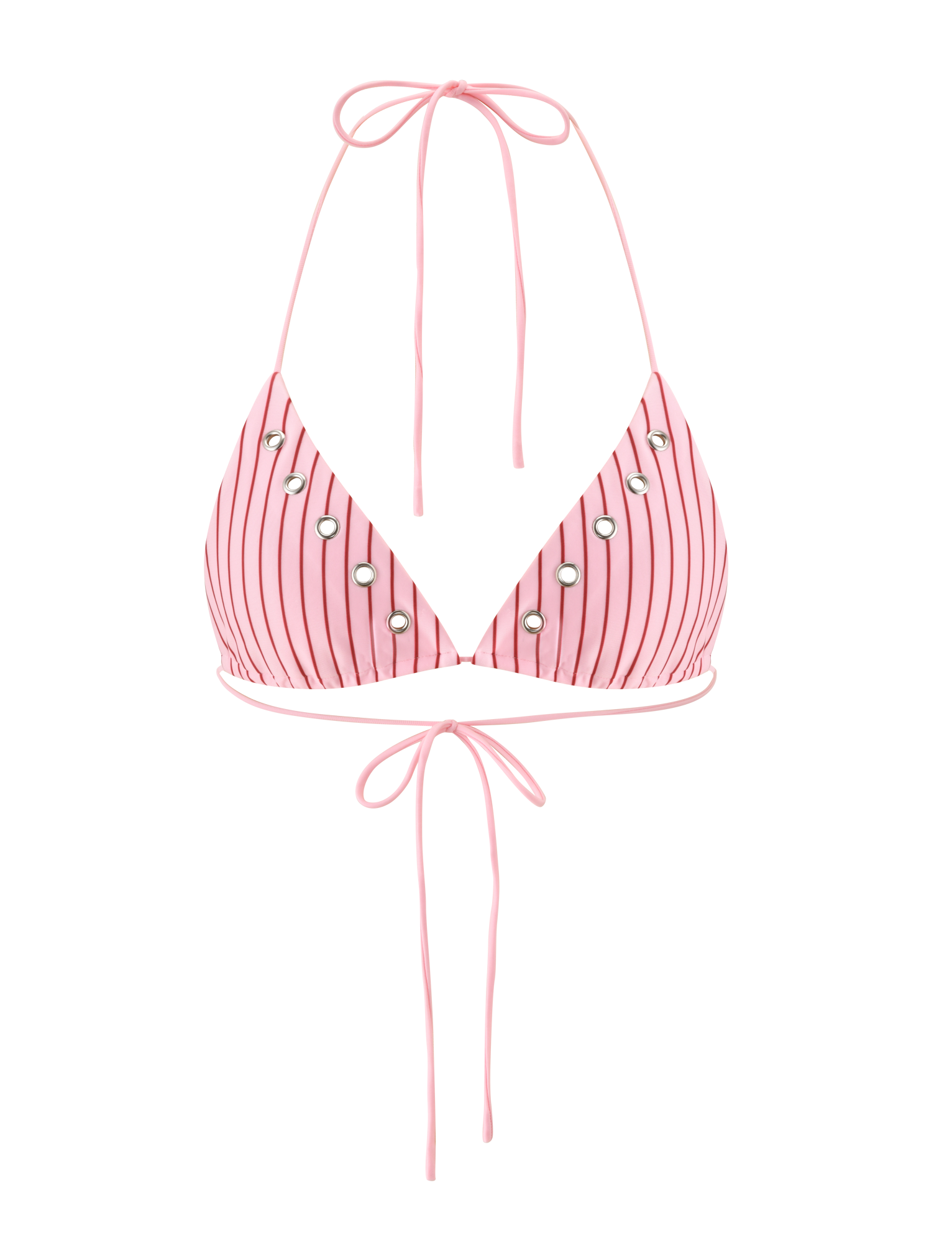 The MARREN BIKINI TOP - PINK STRIPE by TIGERMIST features silver grommet accents and adjustable neck and back ties. This pink pinstripe halter bikini top is shown against a white background.