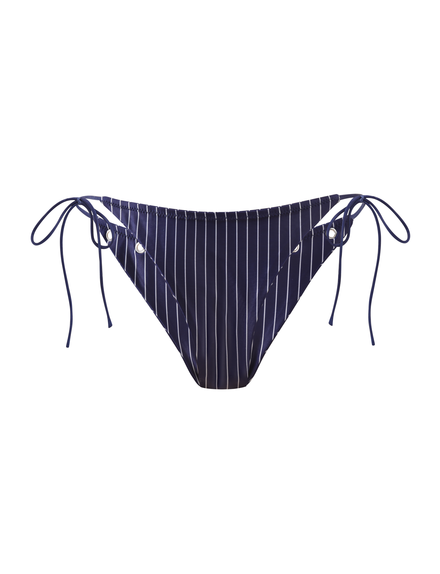 TIGERMIST MARREN BIKINI BOTTOM in navy pinstripe features white vertical stripes and adjustable side ties, shown on a plain white background.