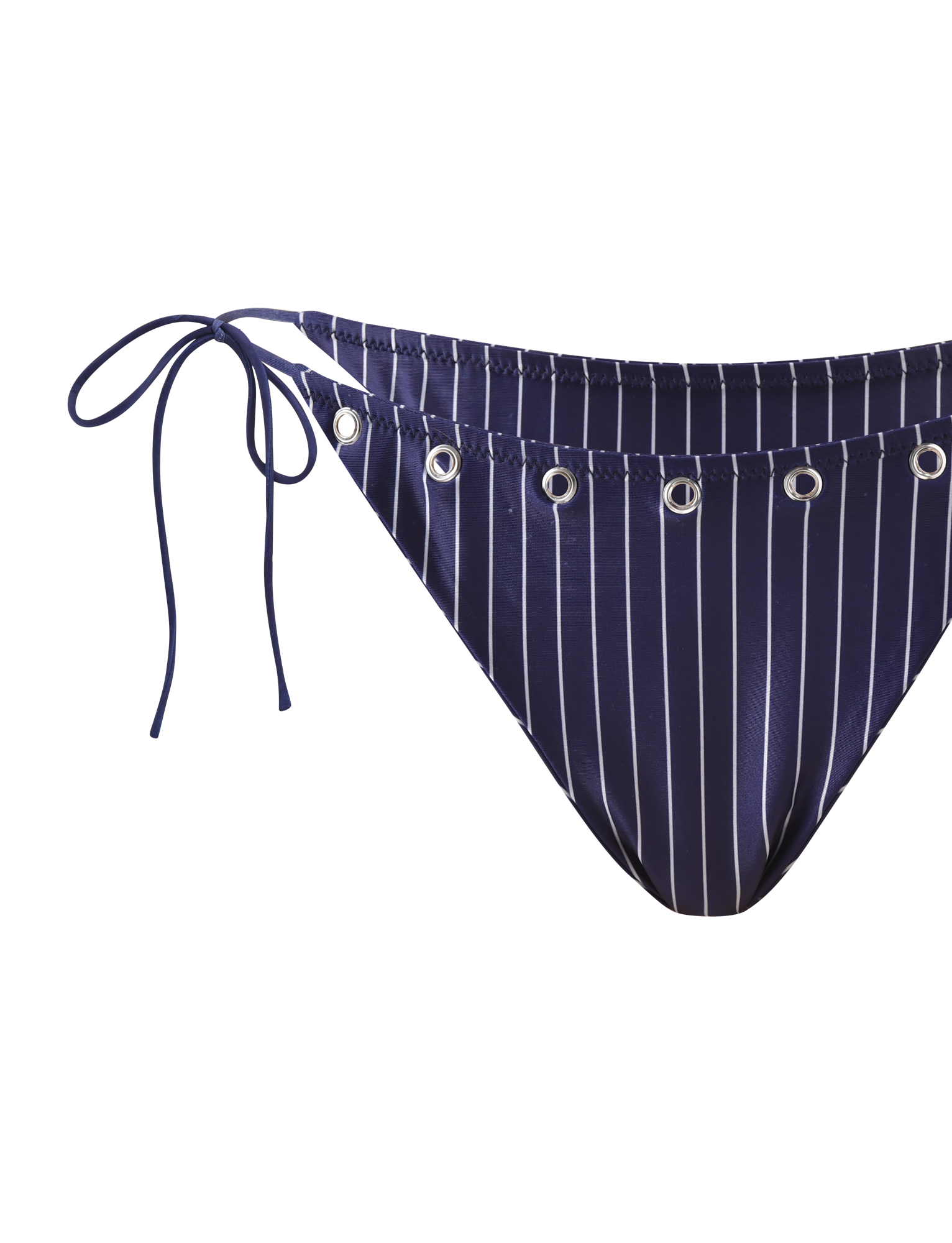 The TIGERMIST MARREN BIKINI BOTTOM in navy pinstripe features vertical white stripes, silver eyelets at the waistband, and adjustable left side ties. Displayed on a plain white background.