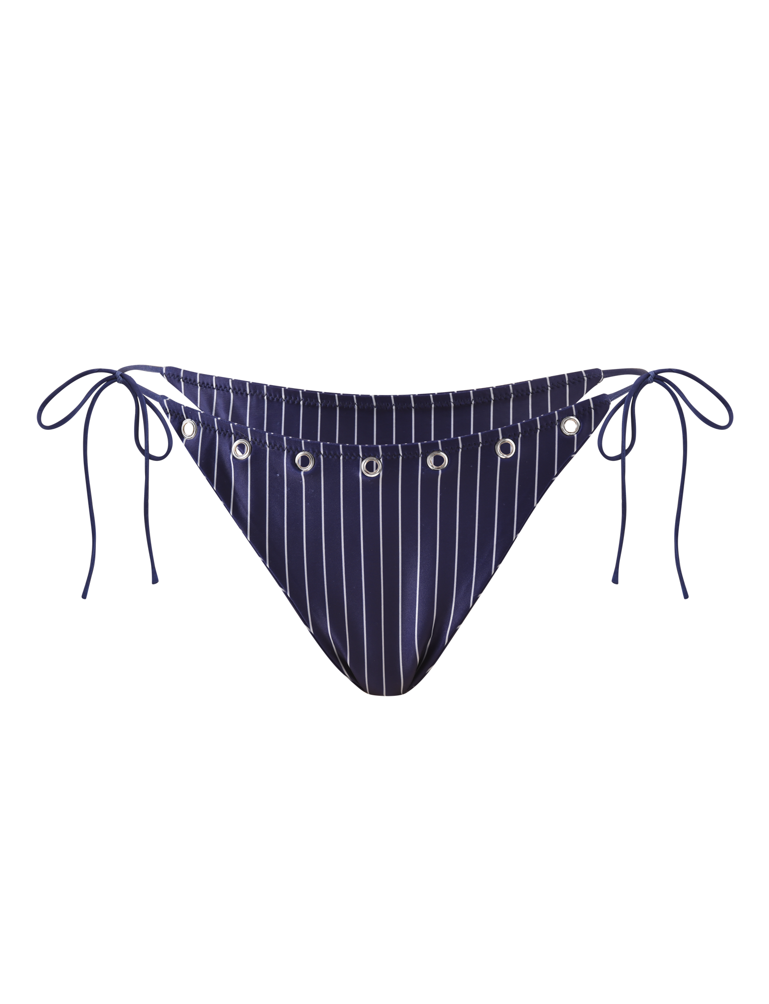 The TIGERMIST MARREN BIKINI BOTTOM in navy pinstripe features white vertical stripes, silver grommet accents on the waistband, and adjustable side ties at each hip, shown against a plain white background.