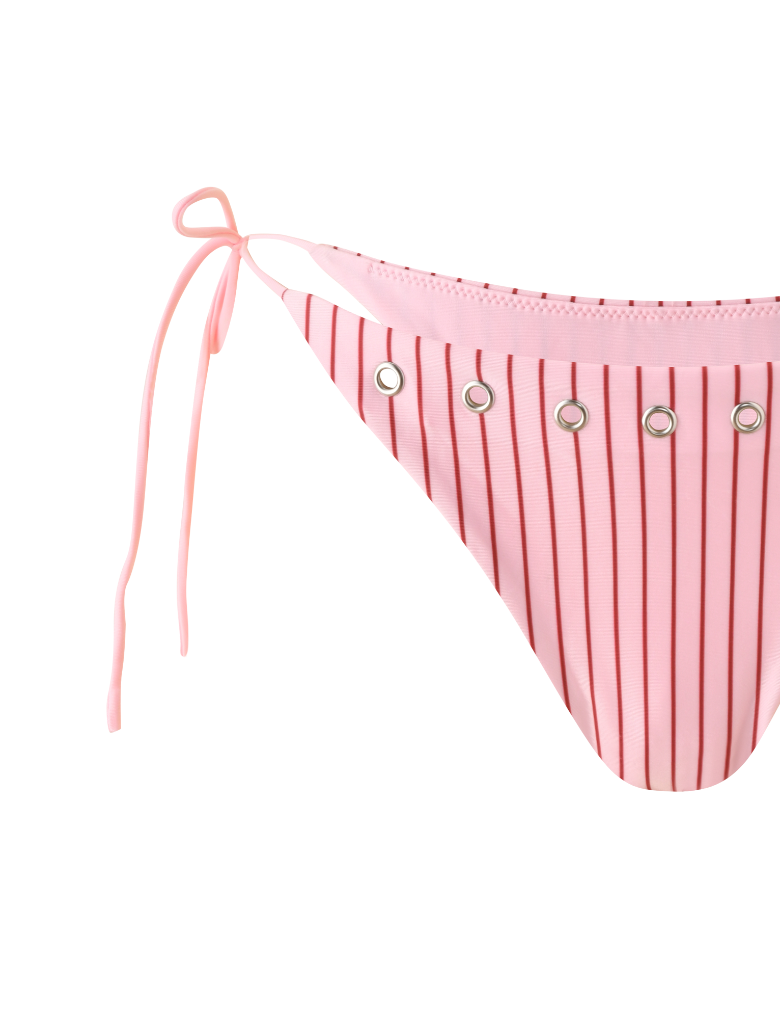 The MARREN BIKINI BOTTOM – PINK STRIPE by TIGERMIST showcases an exclusive pink and red pinstripe print, silver grommet waistband details, and adjustable left side ties, displayed on a plain white background.