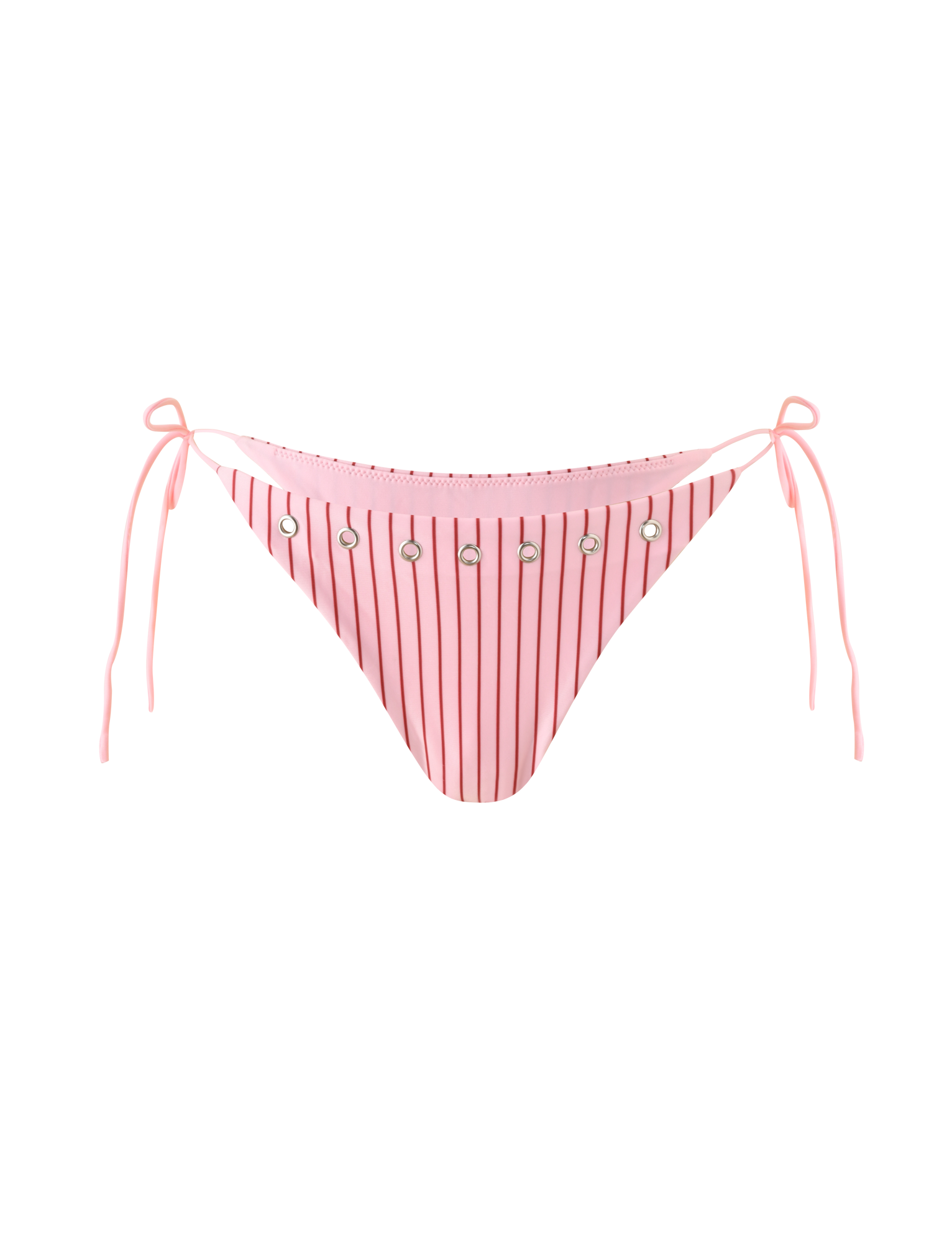 The MARREN BIKINI BOTTOM - PINK STRIPE by TIGERMIST features a pink pinstripe design with vertical black stripes, silver grommets on the front waistband, and adjustable side ties, shown on a white background.
