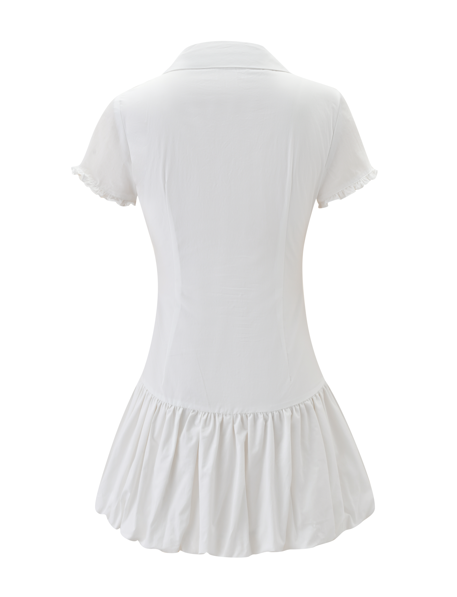 Back view of the VALERIE BUBBLE DRESS - WHITE by TIGERMIST, featuring a white cotton mini design with short sleeves, collar, and flared bubble skirt, shown on a plain white background.