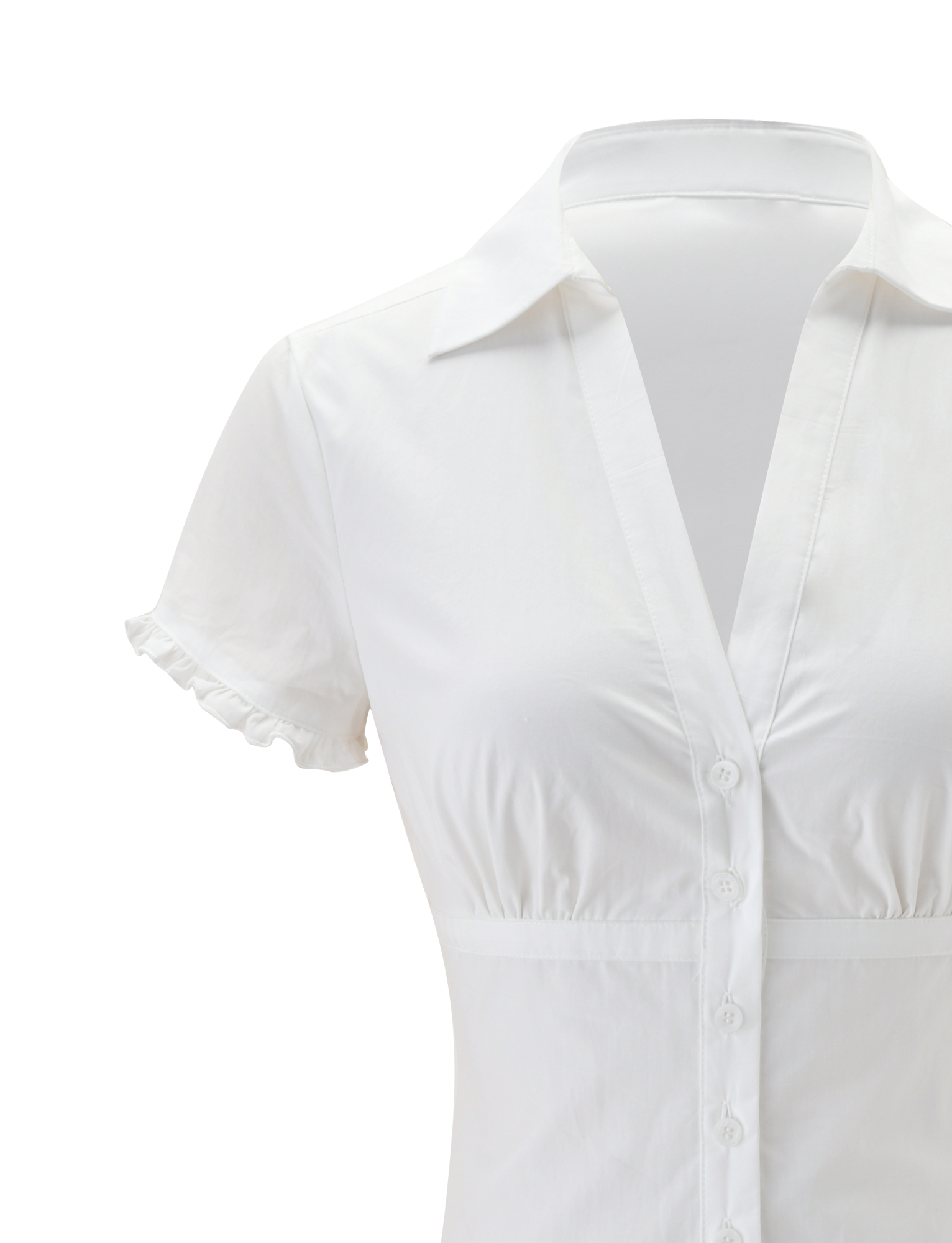 Cropped image of the TIGERMIST VALERIE BUBBLE DRESS in white, featuring short sleeves, a deep V-neck, ruffled edges, front buttons, and a fitted waist, displayed on a plain white background.