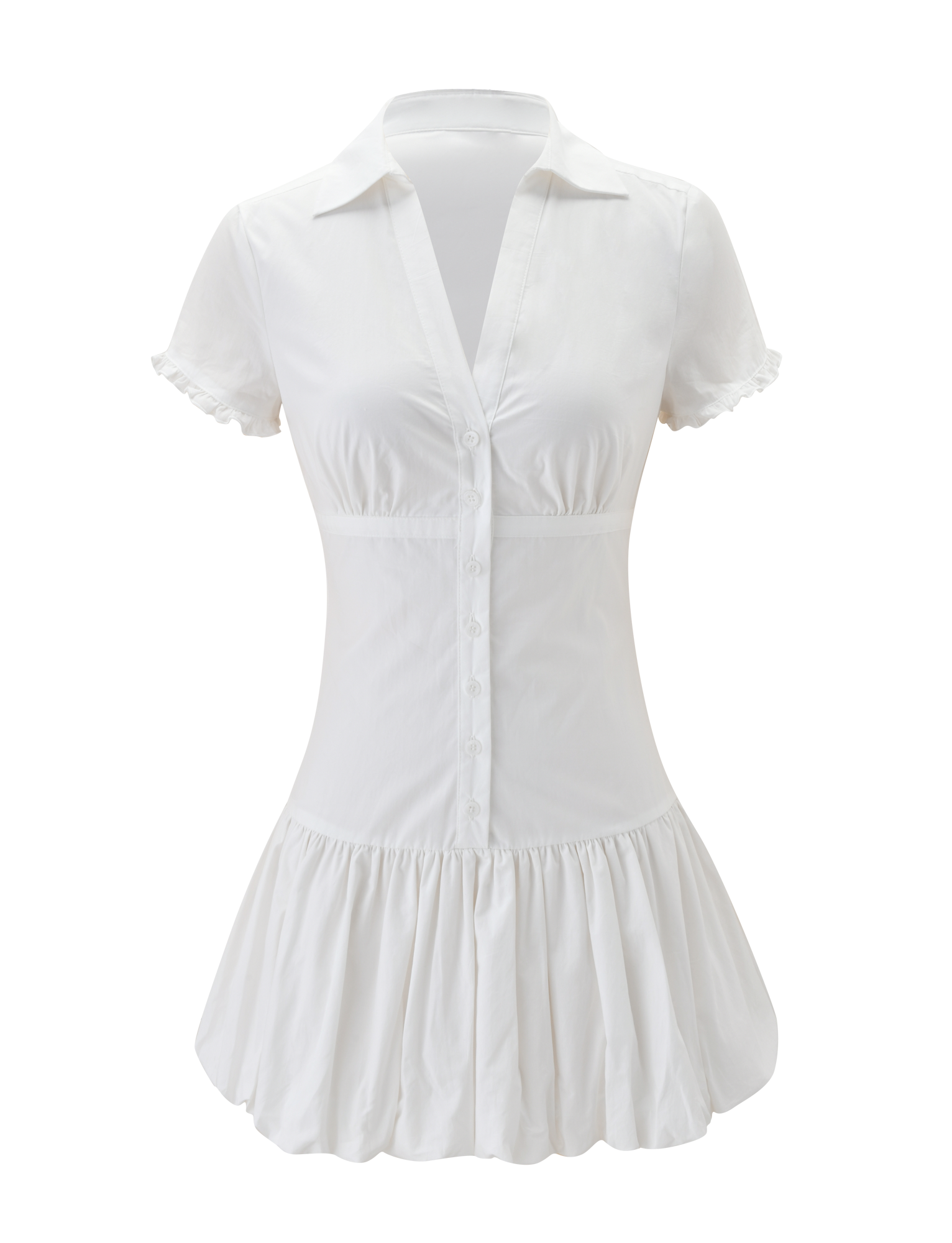 The VALERIE BUBBLE DRESS - WHITE by TIGERMIST is a white cotton mini dress with short sleeves, front buttons, a fitted waist, flared bubble skirt, and ruffled hem and sleeves for a playful, feminine style.