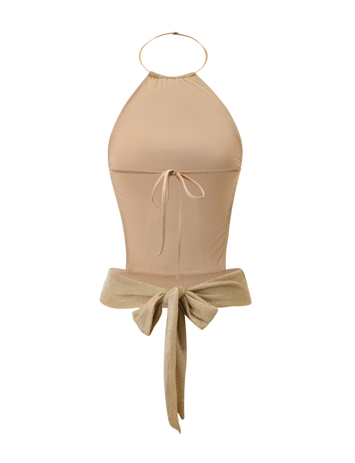 The EVANNA TOP - GOLD by TIGERMIST is a sleek beige gold mesh halter bodysuit with a gold hoop neckline, front bust tie, large shimmery gold waist bow, and an open back for added allure.