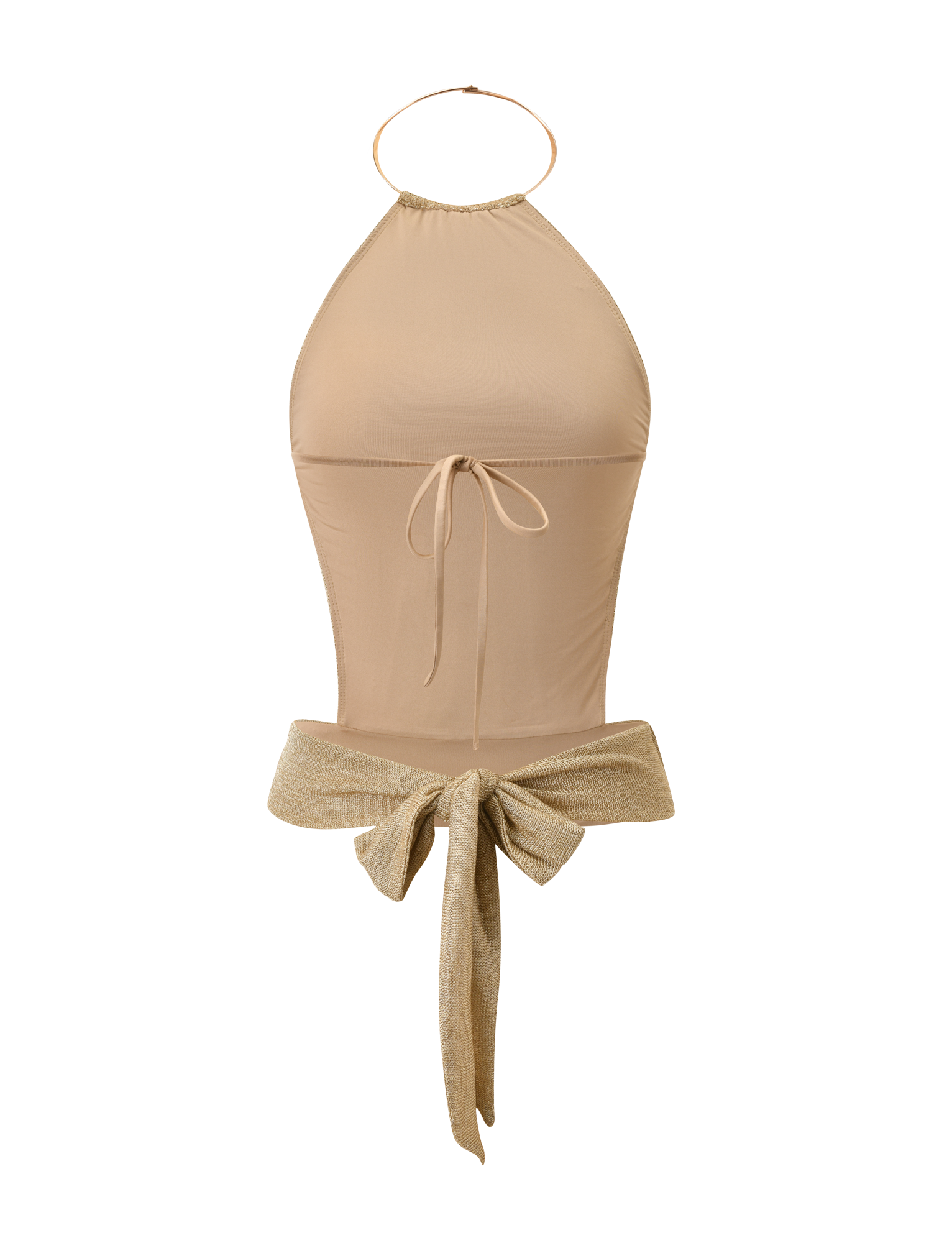 The EVANNA TOP - GOLD by TIGERMIST is a sleek beige gold mesh halter bodysuit with a gold hoop neckline, front bust tie, large shimmery gold waist bow, and an open back for added allure.