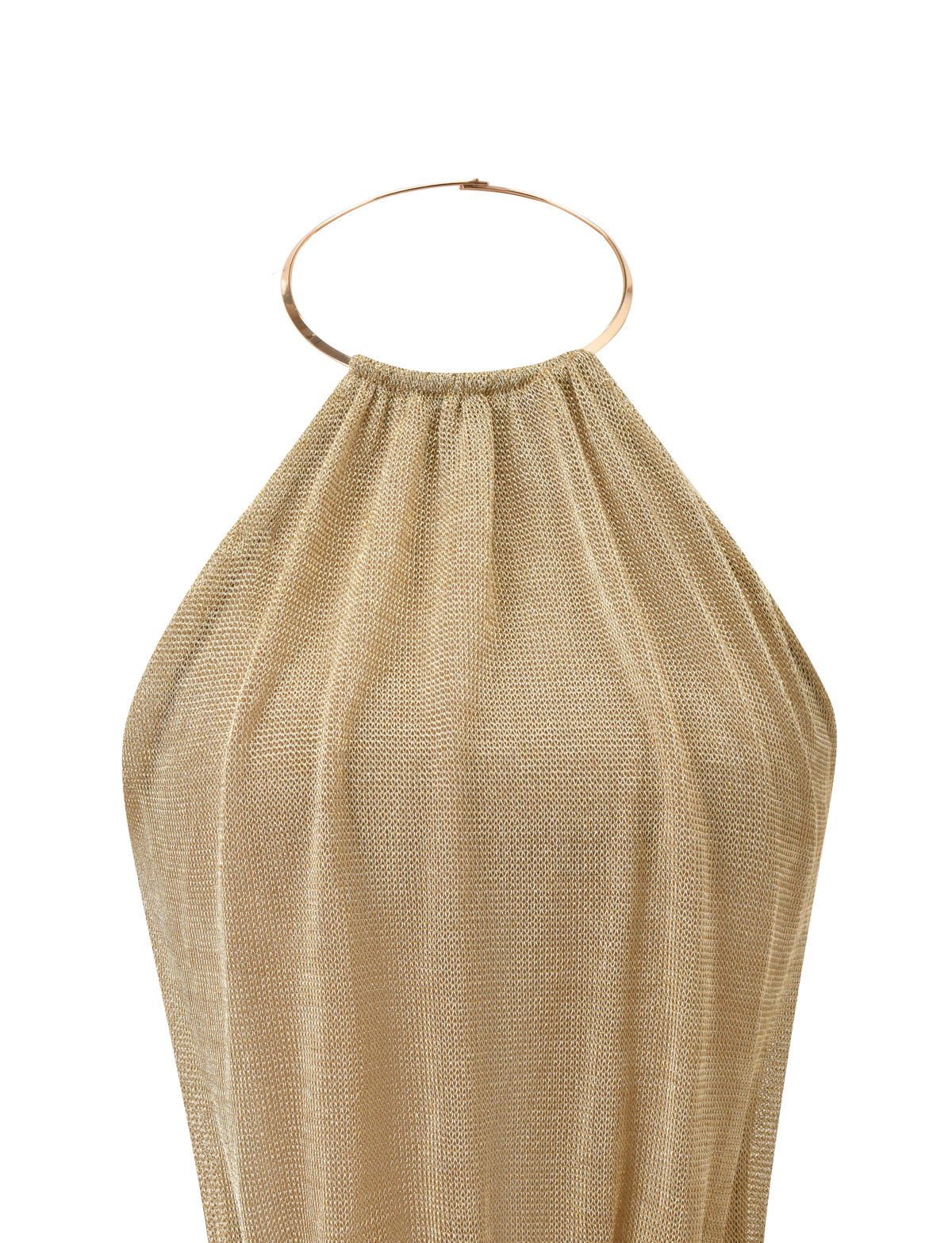 A close-up of the TIGERMIST EVANNA TOP in gold, featuring a metallic ring neckline and textured mesh fabric, displayed on a white background.