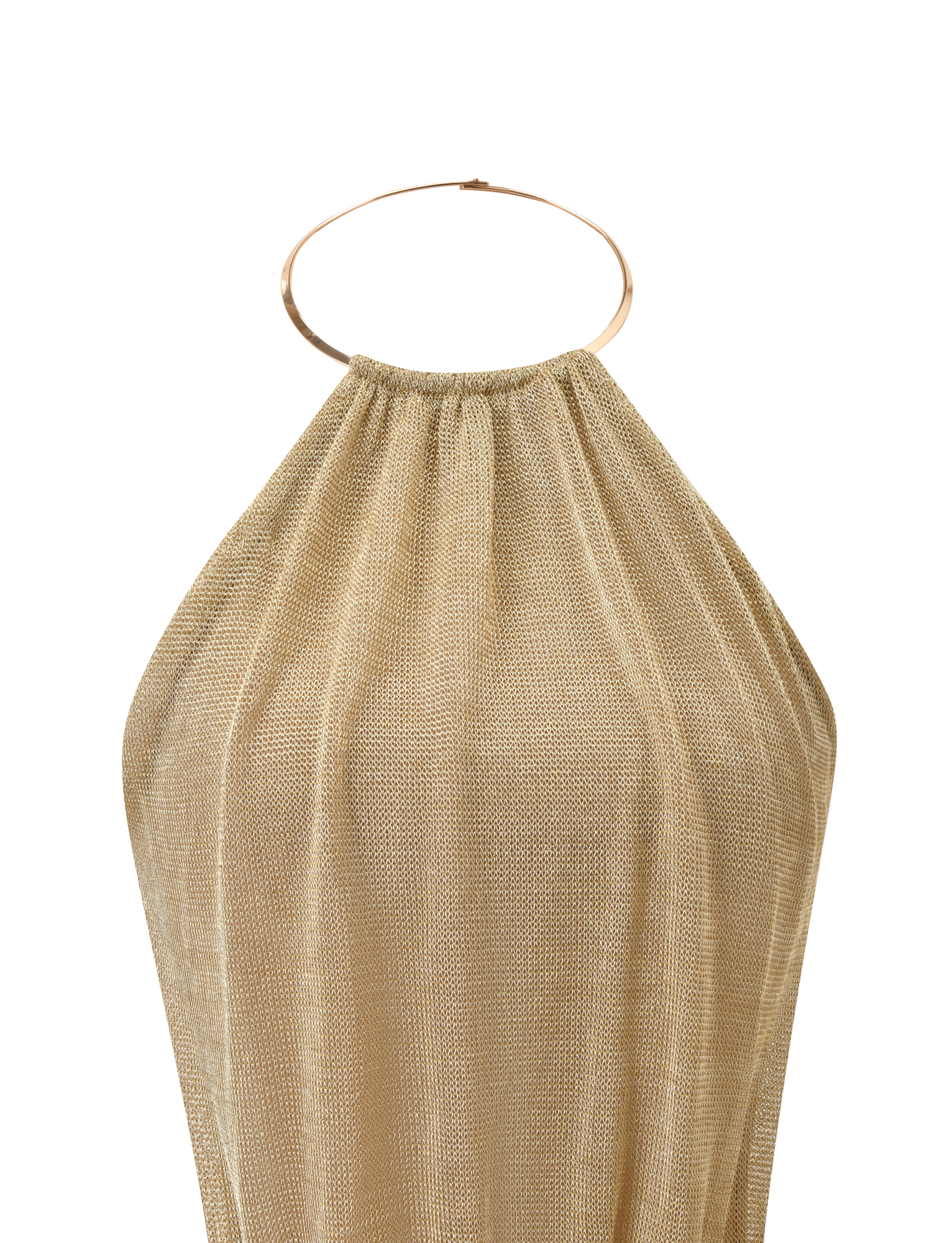 A close-up of the TIGERMIST EVANNA TOP in gold, featuring a metallic ring neckline and textured mesh fabric, displayed on a white background.