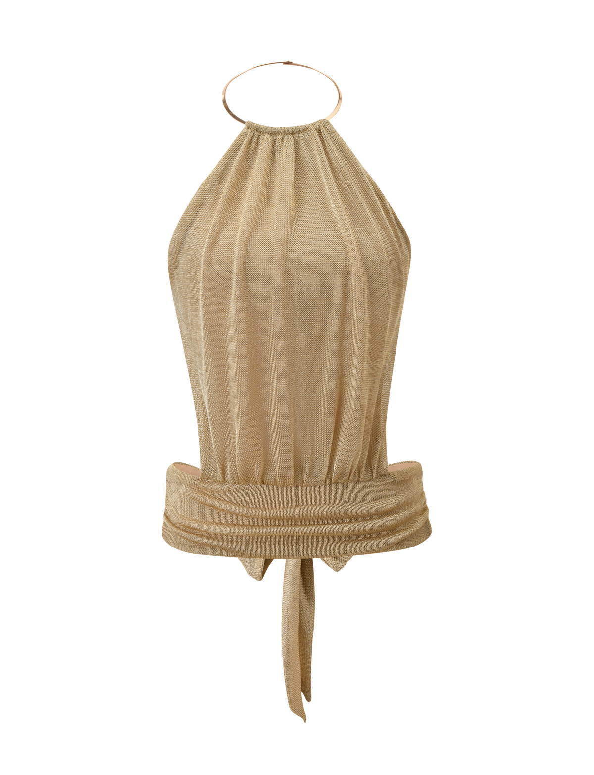 The EVANNA TOP - GOLD by TIGERMIST features a gold mesh halter design with a metallic sheen, high neck and thin circular strap, open back, and wide gathered waistband that ties at the back for an elegant look.