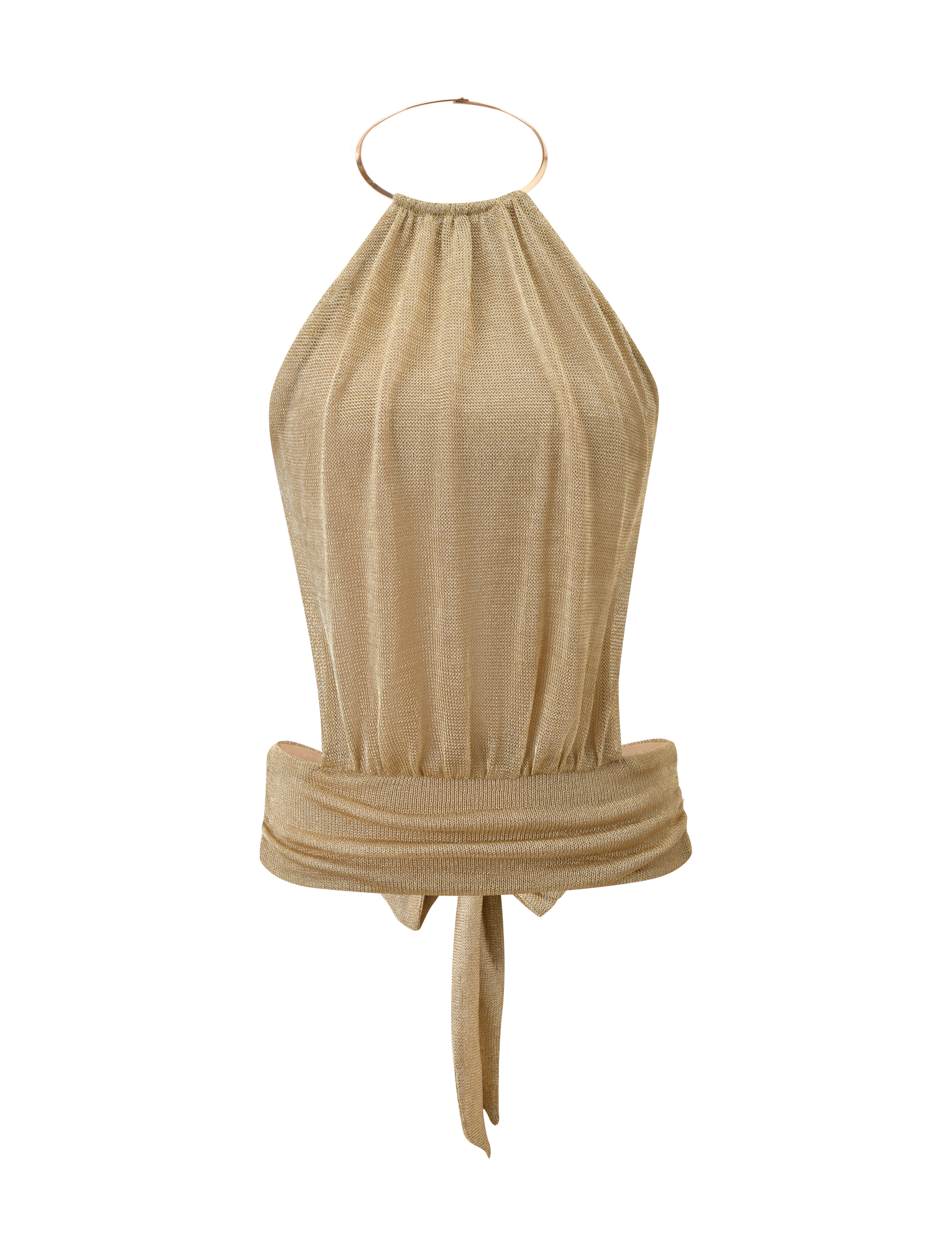 The EVANNA TOP - GOLD by TIGERMIST features a gold mesh halter design with a metallic sheen, high neck and thin circular strap, open back, and wide gathered waistband that ties at the back for an elegant look.