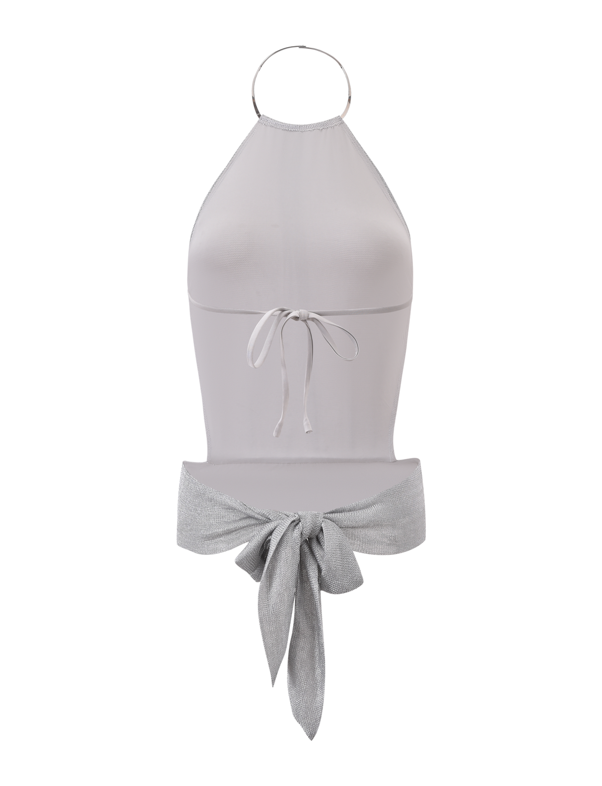 The EVANNA TOP - SILVER by TIGERMIST is a sleeveless, light gray halter with a metallic ring neckline, front tie under the bust, and a large shimmer silver bow at the waist.