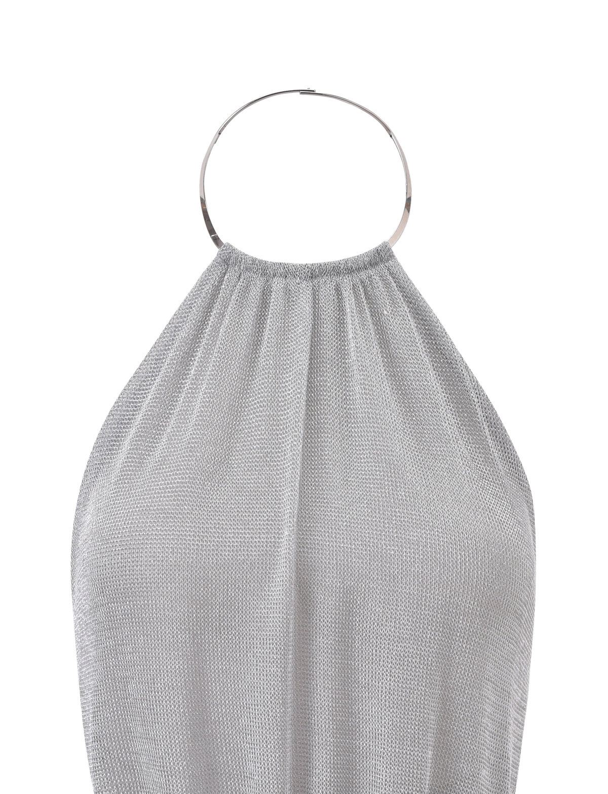 The TIGERMIST EVANNA TOP - SILVER is a high-neck, silver mesh halter with a gathered neckline and a bold circular metal ring collar, featuring a sleek metallic finish against a white background.