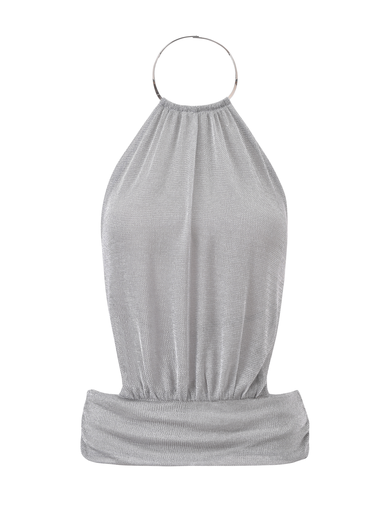 The EVANNA TOP - SILVER by TIGERMIST features a silver mesh halter style with a wide ruched waistband, circular metal neckline, elegant draping, and an open back for a sleek, modern look.