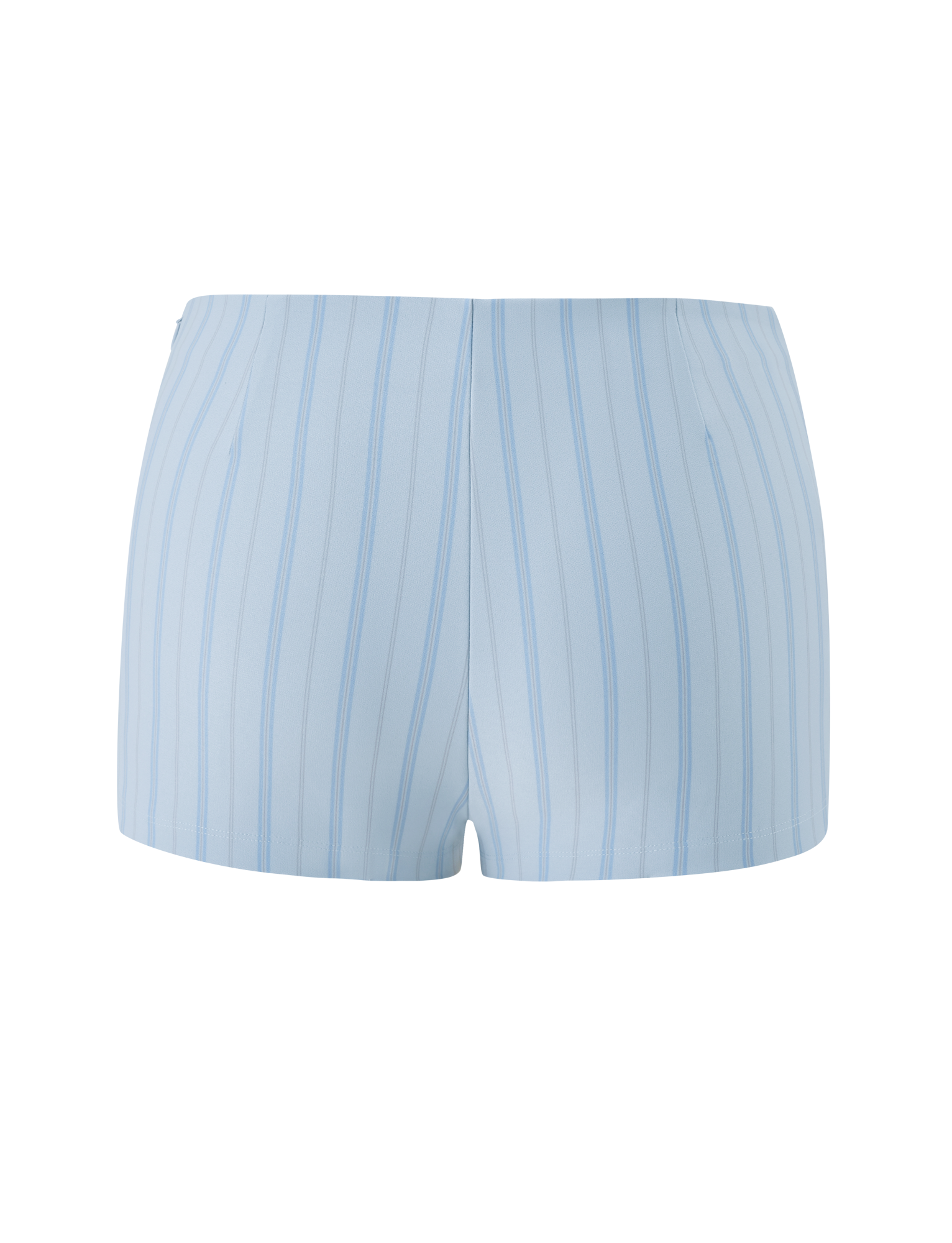 The VALERIE RUFFLE HOT SHORT - BLUE STRIPE by TIGERMIST features light blue pinstripes, thin dark vertical stripes, and a V-cut waistband, displayed from the back against a plain white background.
