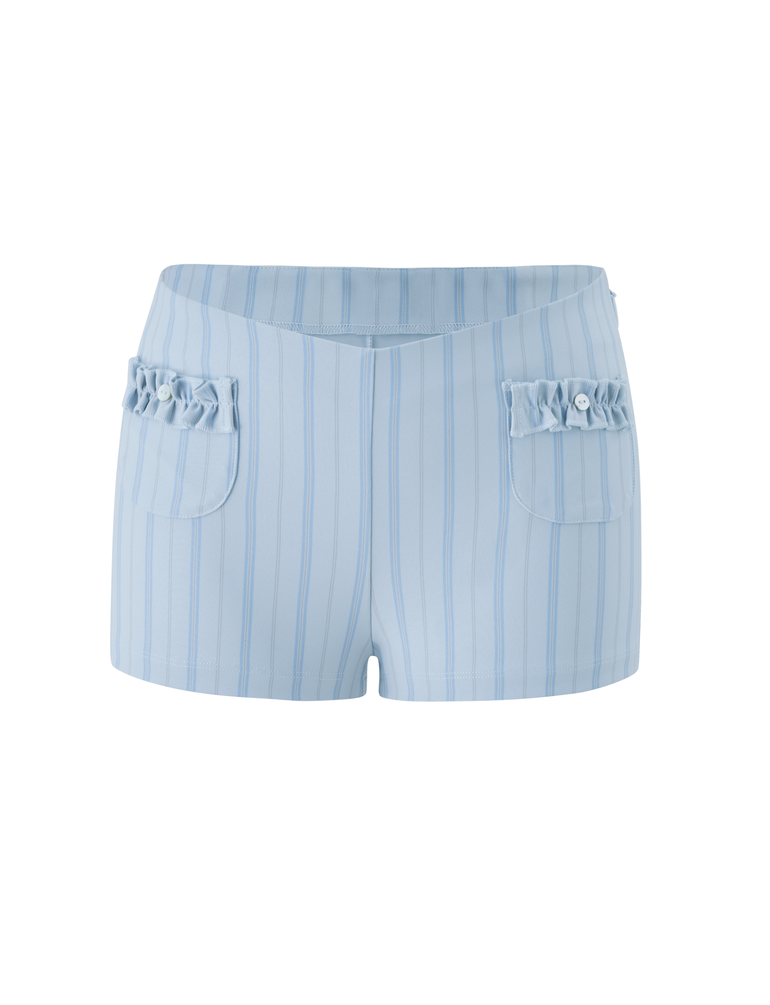 The VALERIE RUFFLE HOT SHORT - BLUE STRIPE by TIGERMIST features light blue pinstripes, a V-cut waistband, two front pockets with ruffle trim and button details, shown on a plain white background.