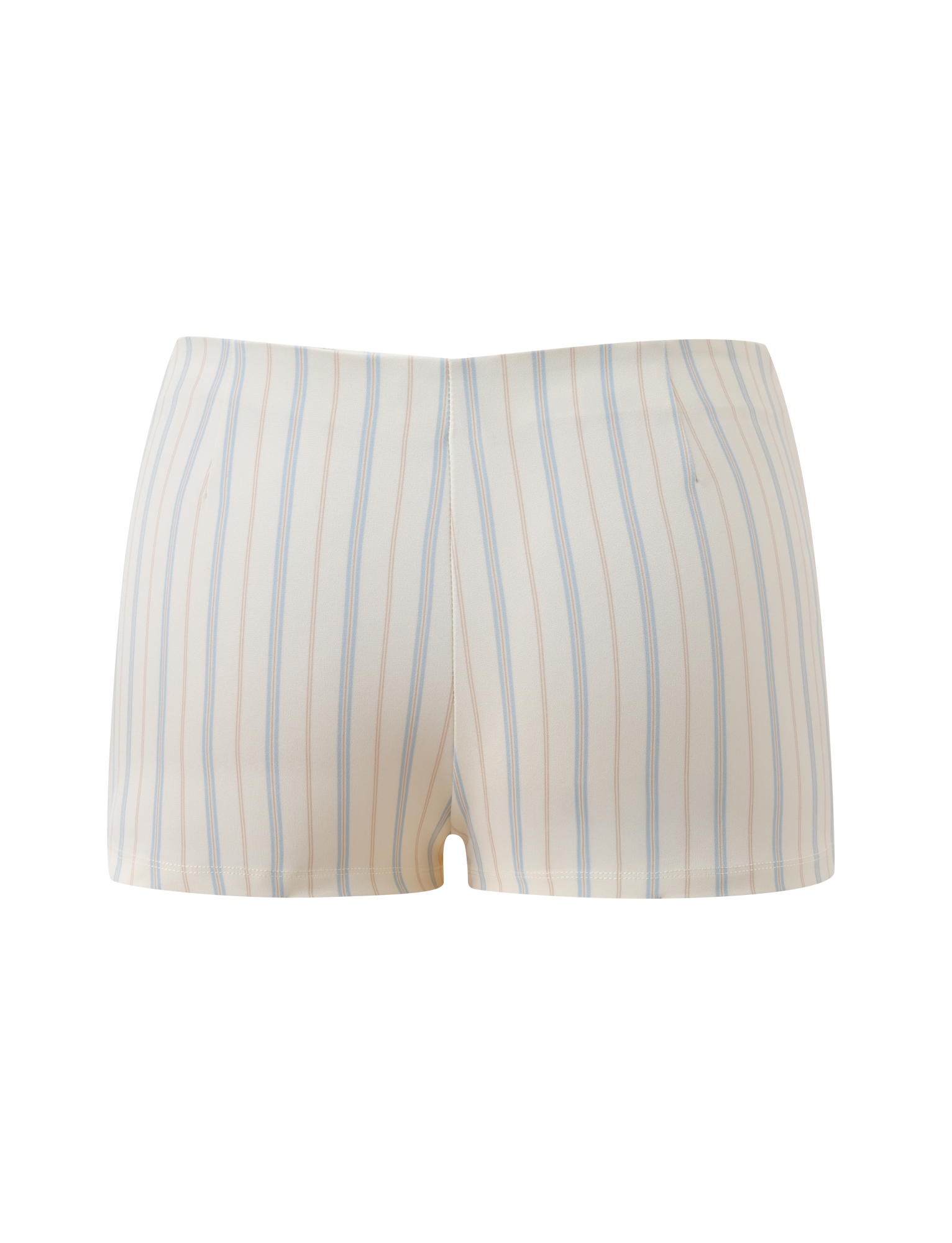The VALERIE RUFFLE HOT SHORT - STRIPE by TIGERMIST features cream pinstripes with vertical blue and beige lines and a V-cut waistband, showcased from the front against a plain white background.