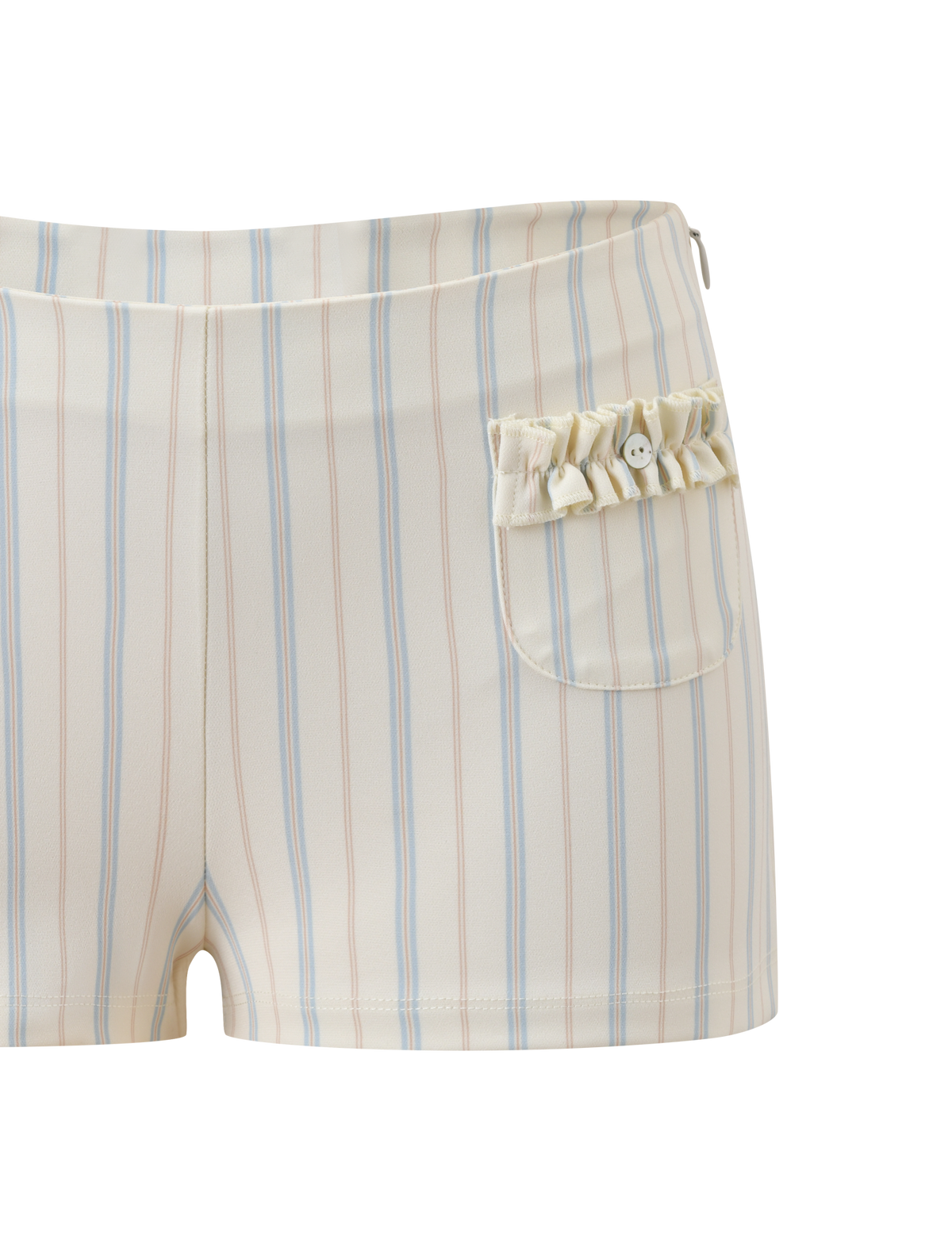 Close-up of the VALERIE RUFFLE HOT SHORT - STRIPE by TIGERMIST, showing cream pinstripes with blue and tan stripes, a ruffled pocket, side button detail, V-cut waistband—all set against a white background.