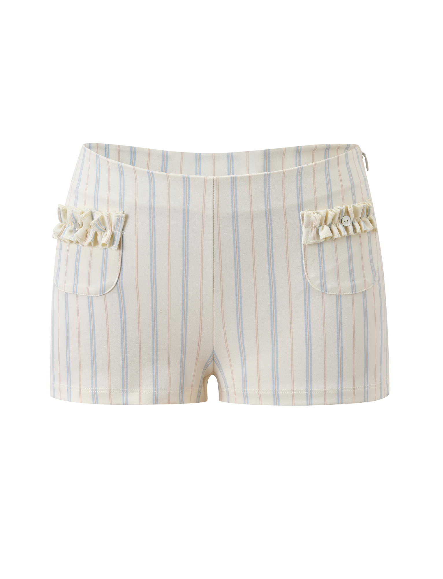 The VALERIE RUFFLE HOT SHORT - STRIPE by TIGERMIST features a cream color with light blue pinstripes, ruffled accents on the front pockets, and a V-cut waistband, shown against a white background.