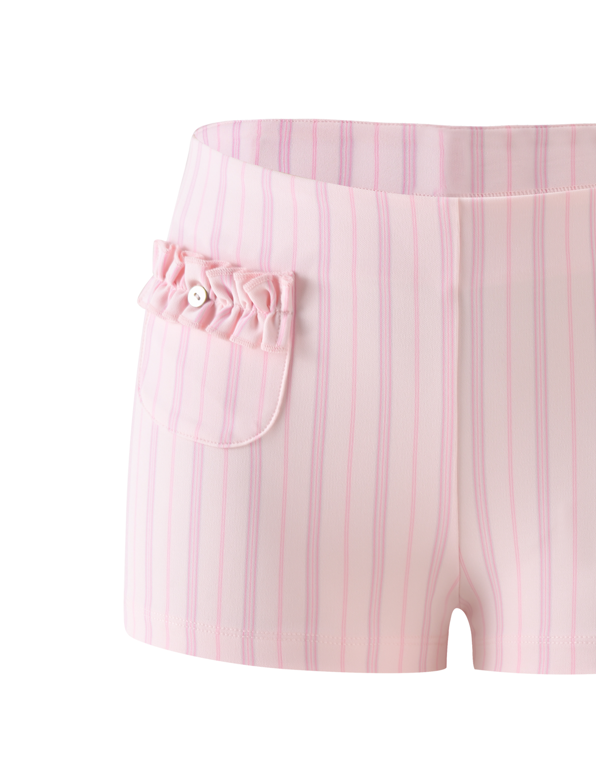 Tiger Mist Valerie Ruffle Short in Pink Pinstripe, detail view