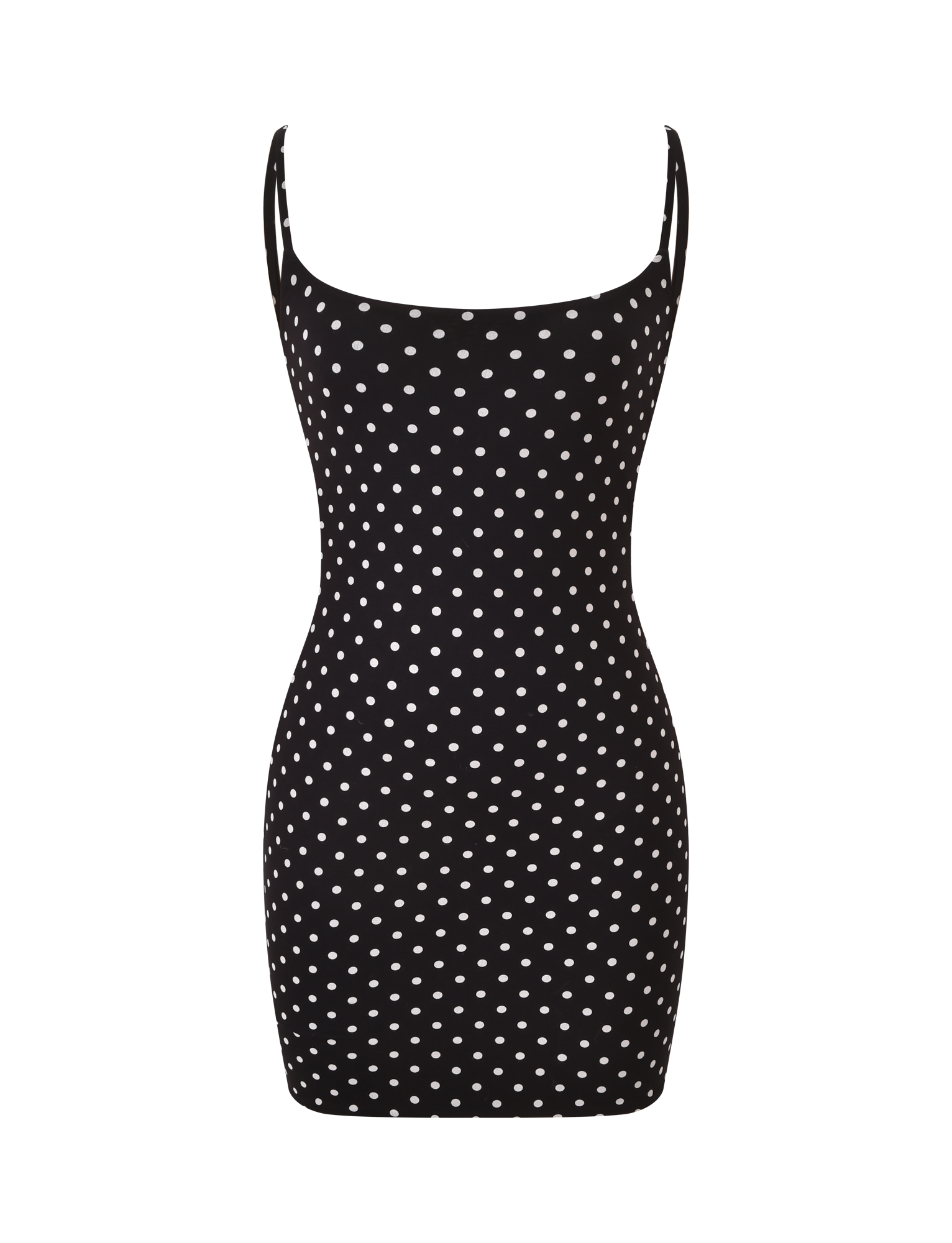 The TIGERMIST MINERVA MINI DRESS 2.0 - BLACK POLKA DOT is a sleeveless, fitted mini dress with thin adjustable straps and a white polka dot print, shown on a plain white background.