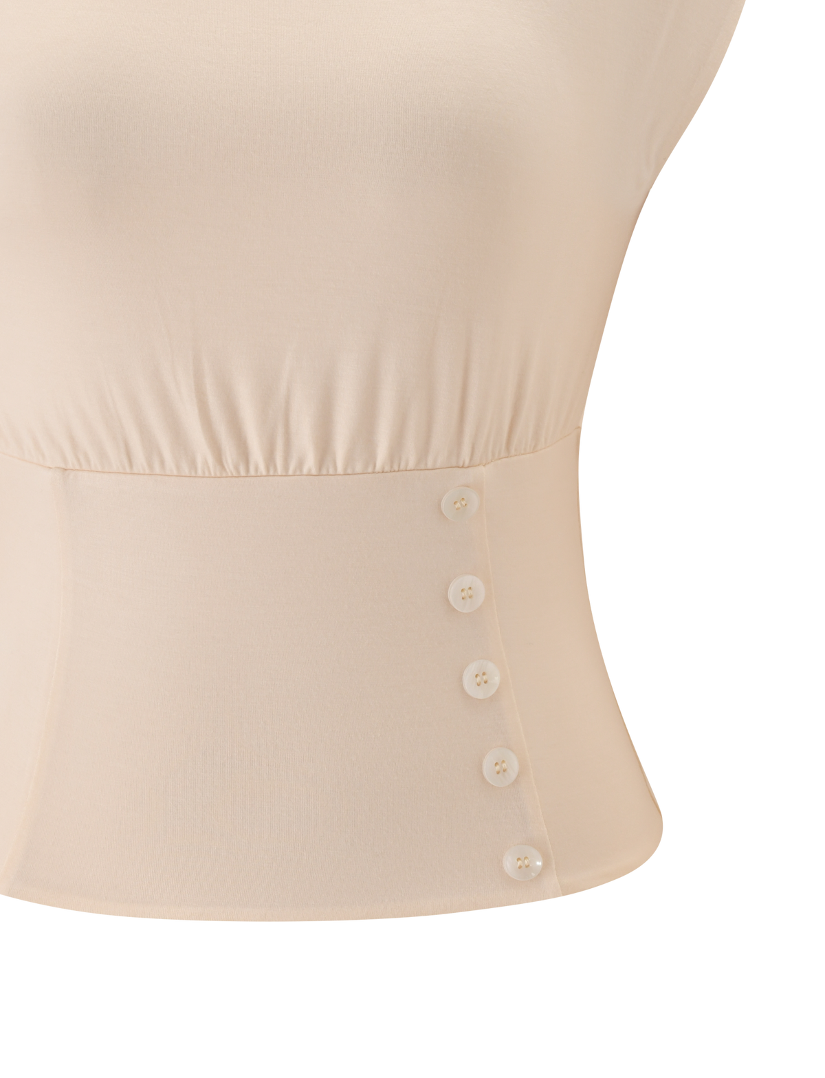 Close-up of the TIGERMIST ALYSSA OFF SHOULDER TOP in cream, featuring a fitted waist, gathered fabric under the bust, and five white buttons vertically aligned on one side of the corseted waist.