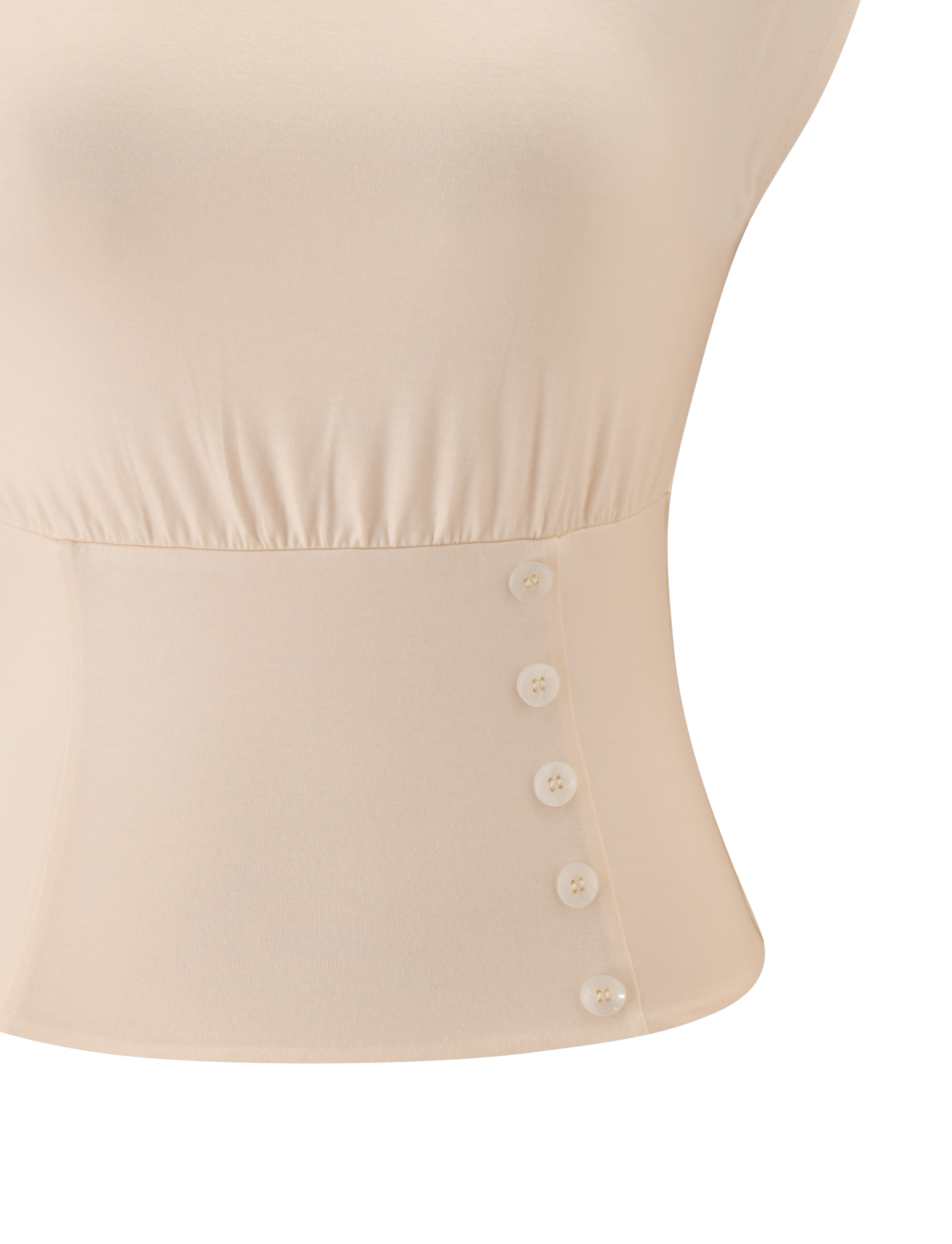 Close-up of the TIGERMIST ALYSSA OFF SHOULDER TOP in cream, featuring a fitted waist, gathered fabric under the bust, and five white buttons vertically aligned on one side of the corseted waist.