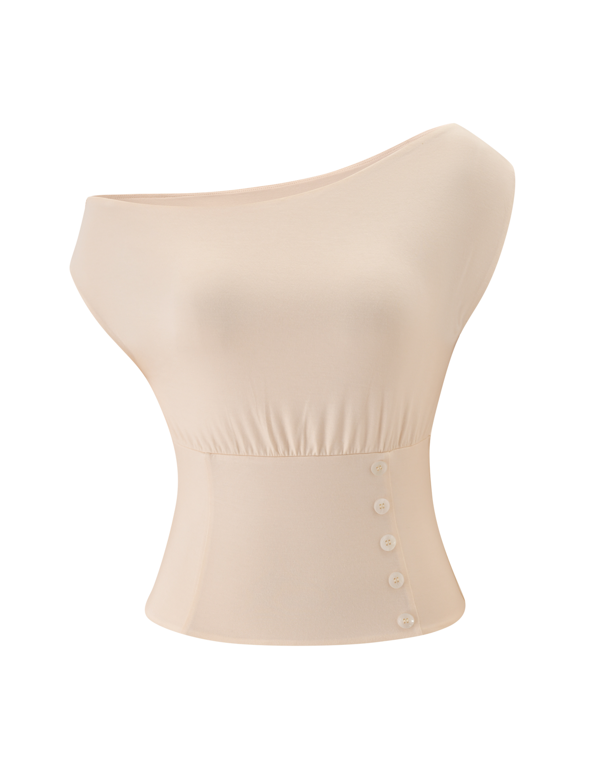 The ALYSSA OFF SHOULDER TOP by TIGERMIST features a cream hue, fitted corseted waist, asymmetrical cut, and five buttons vertically aligned on the lower right.