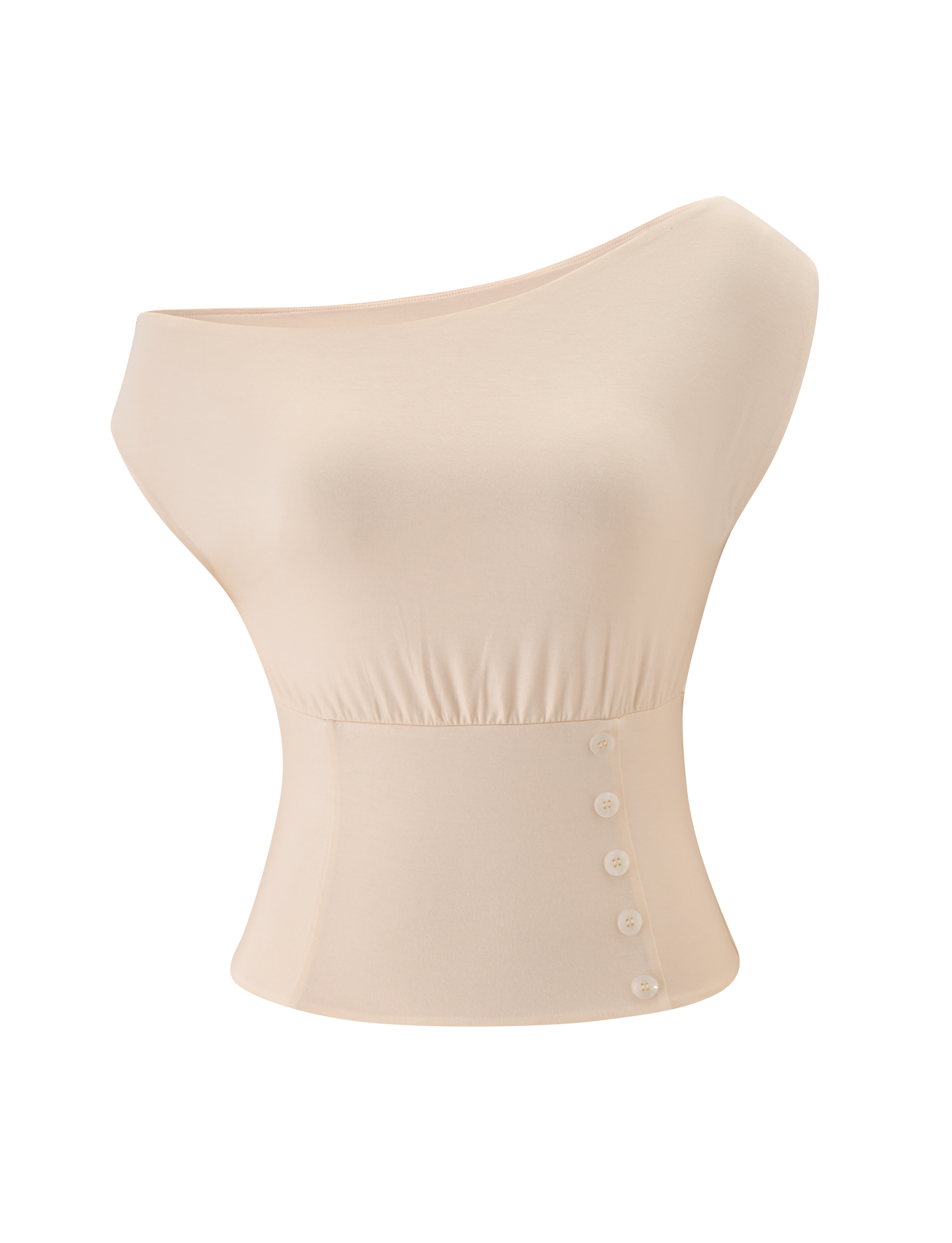 The ALYSSA OFF SHOULDER TOP by TIGERMIST features a cream hue, fitted corseted waist, asymmetrical cut, and five buttons vertically aligned on the lower right.