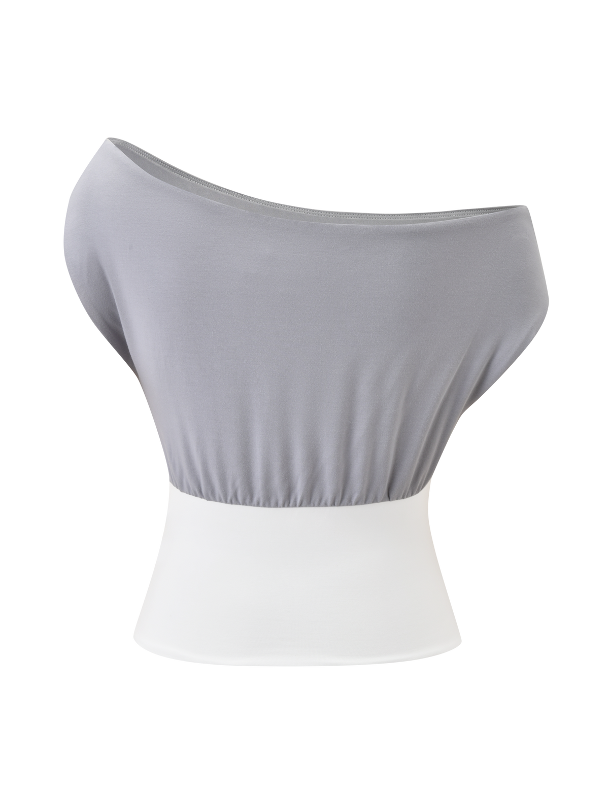 The TIGERMIST ALYSSA OFF SHOULDER TOP - GREY features a stylish off-shoulder neckline, a loose light grey upper section, and a fitted white corseted waist panel, all displayed against a plain white background.